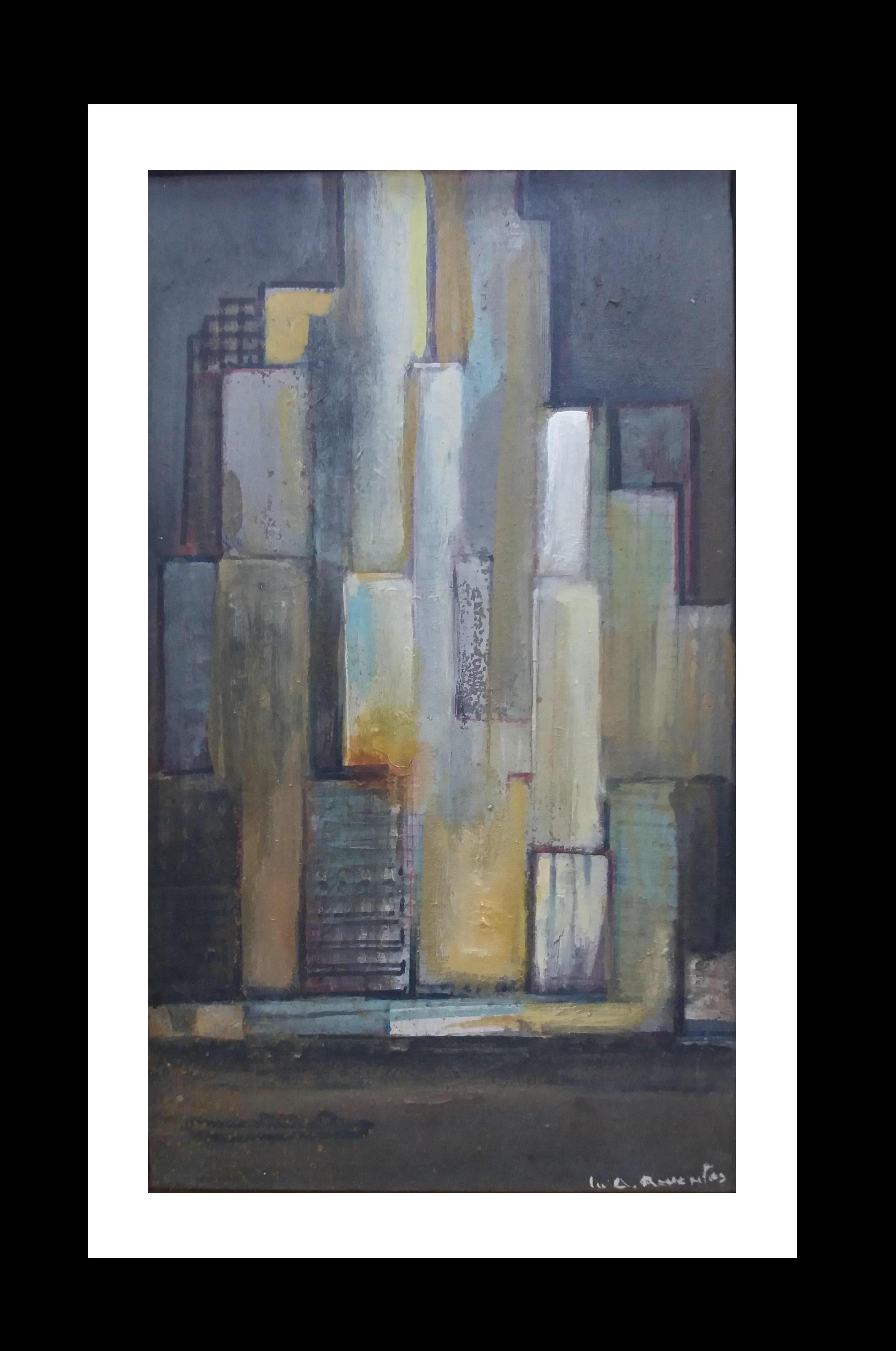 Landscape Painting di Maria Asuncion Raventos - Raventos   Piccola città verticale, pittura acrilica espressionista originale