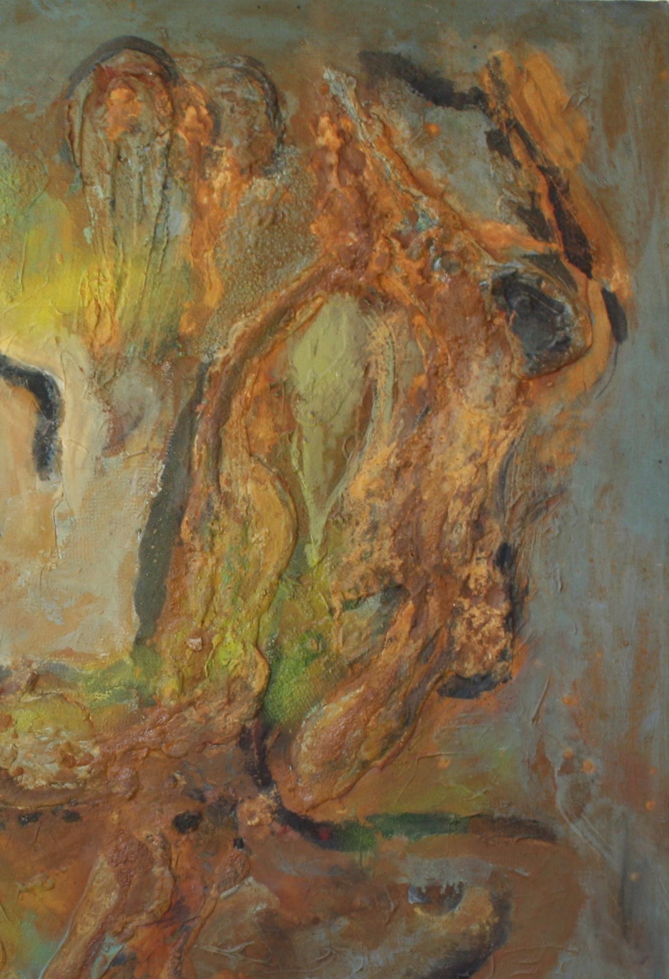 Raventos 82 Golden  Gelb  Grün  „Psico-Freud“ Original abstrakte Mischtechniken – Painting von Maria Asuncion Raventos