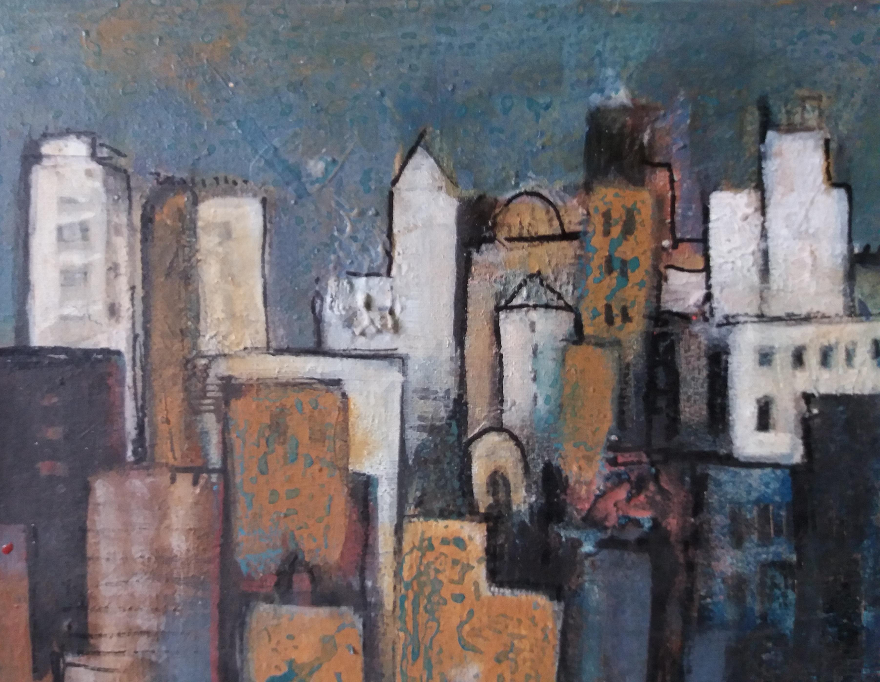 Raventos  9 Gebäude  City Litle Original expressionistisches Acrylgemälde (Schwarz), Landscape Painting, von Maria Asuncion Raventos