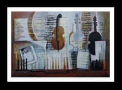 Used Raventos  SHEET MUSIC Violin original expressionist acrylic paintig