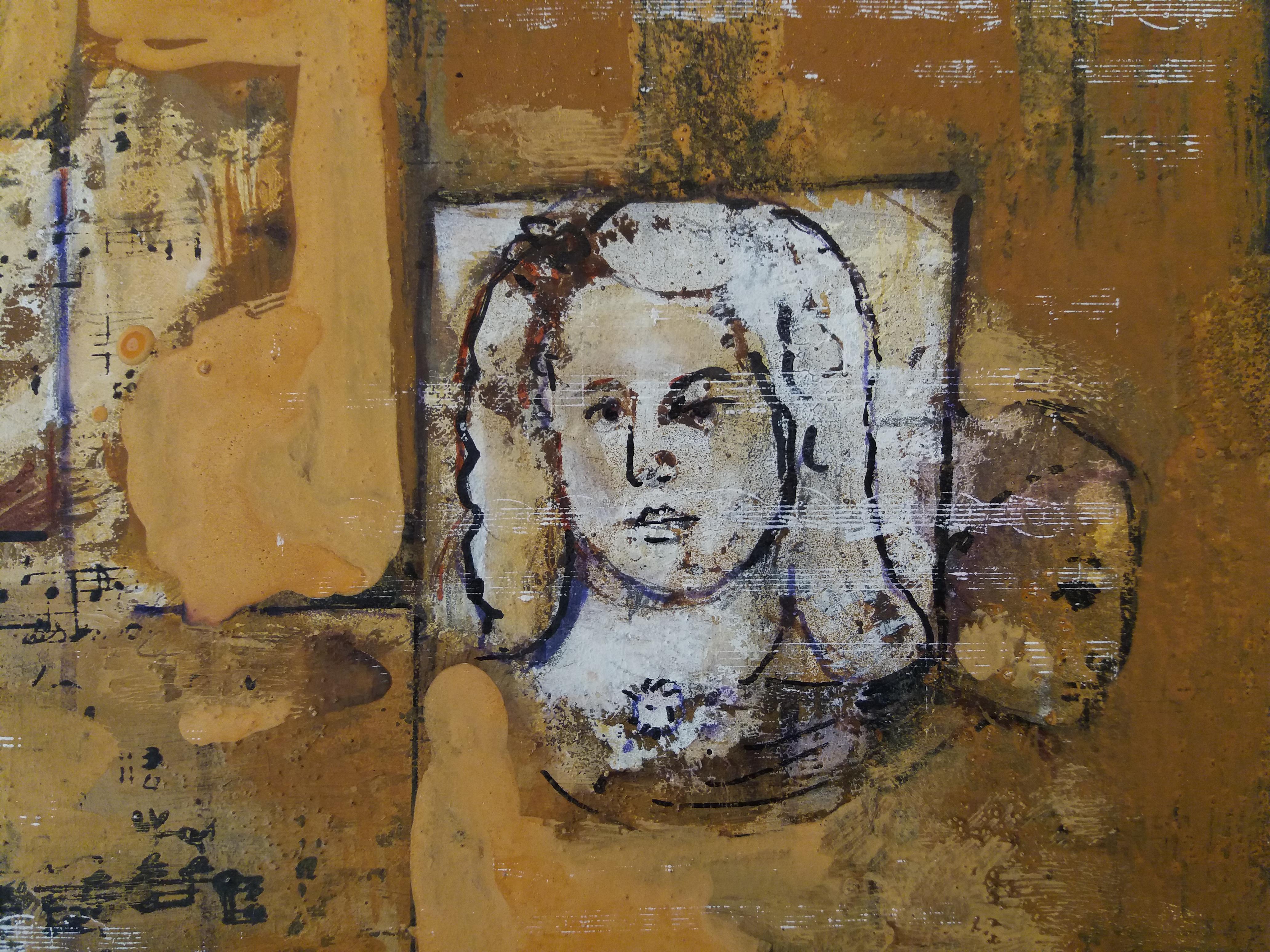 Raventos  Résumé  Musique  Partitions  acrylique expressionniste originale - Marron Still-Life Painting par Maria Asuncion Raventos