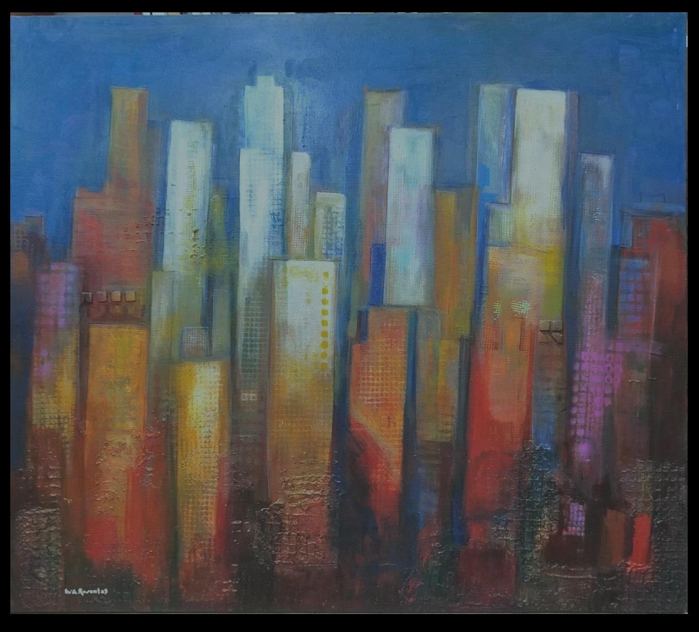 Raventos  Großes Blau-orange  Original-expressionistisches Acrylgemälde – Painting von Maria Asuncion Raventos