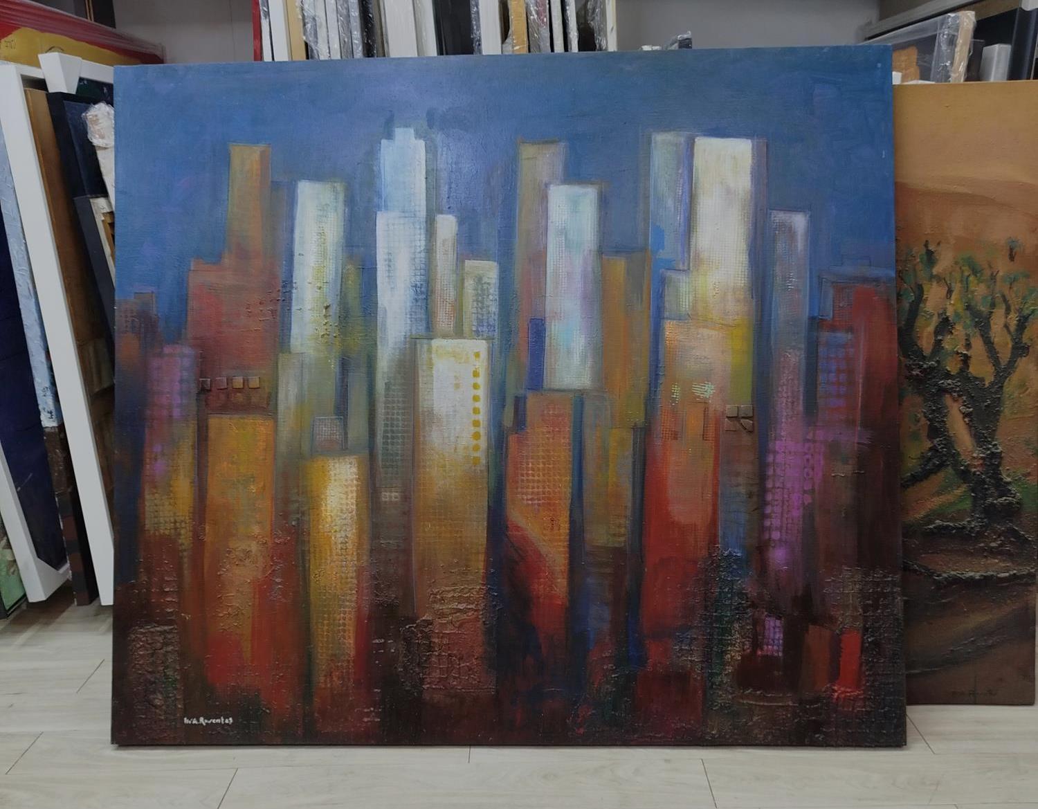 Raventos  Gran Azul Naranja  pintura acrílica expresionista original - Landscape Painting Negro de Maria Asuncion Raventos