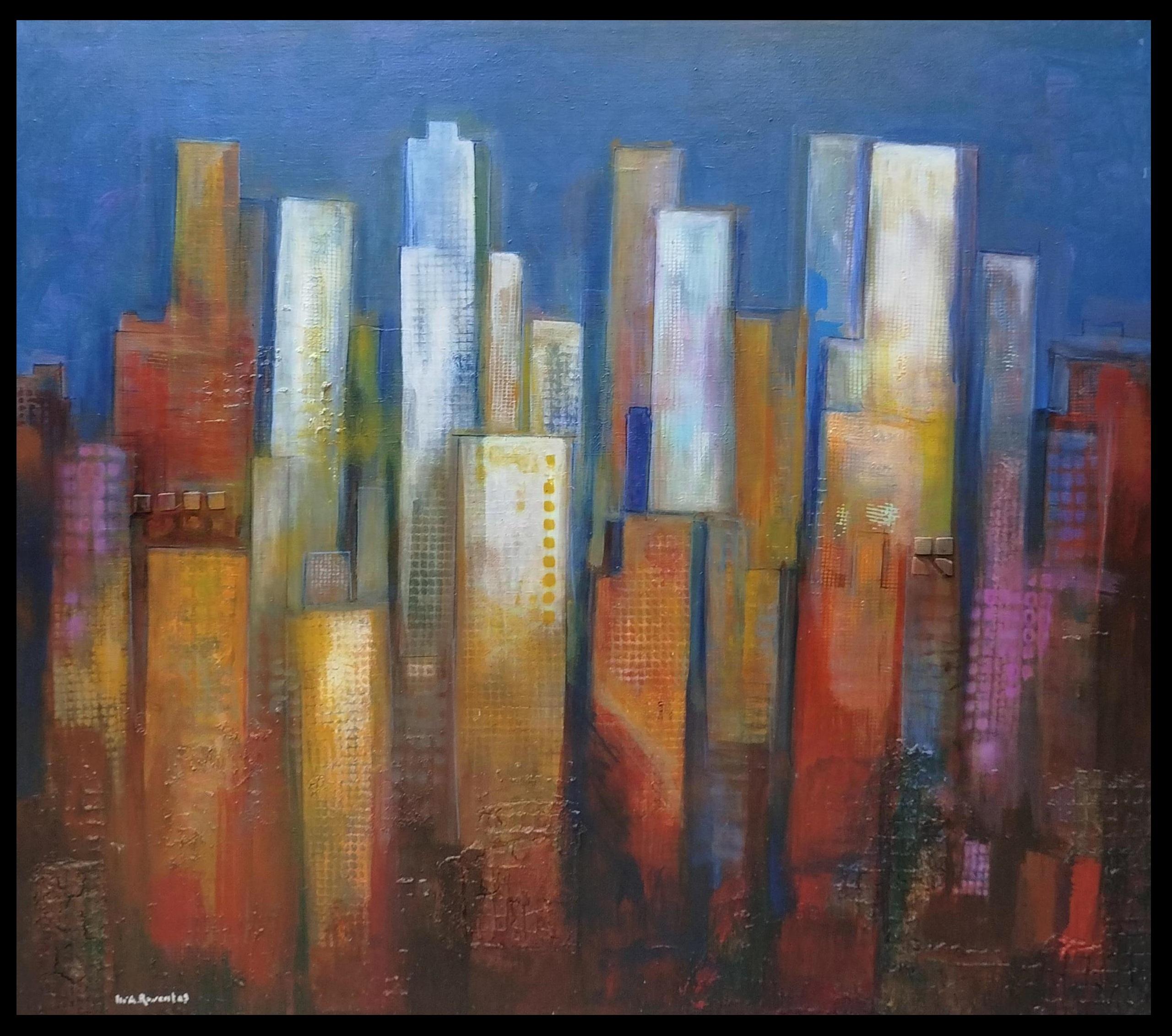 Landscape Painting de Maria Asuncion Raventos - Raventos  Gran Azul Naranja  pintura acrílica expresionista original