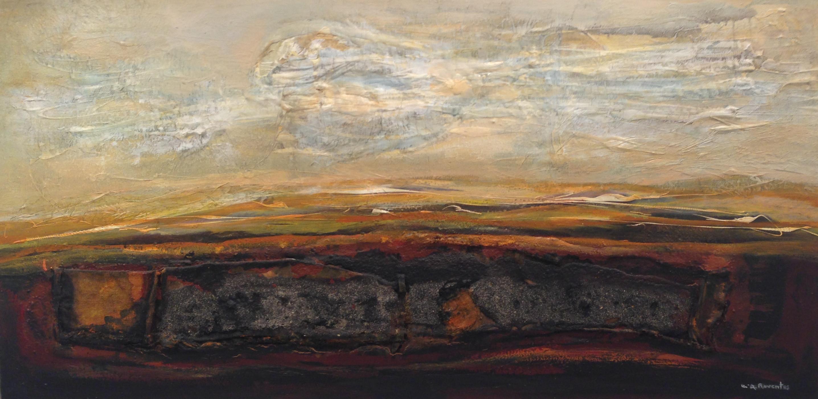 Raventos Big Orange Landscape original painting framed