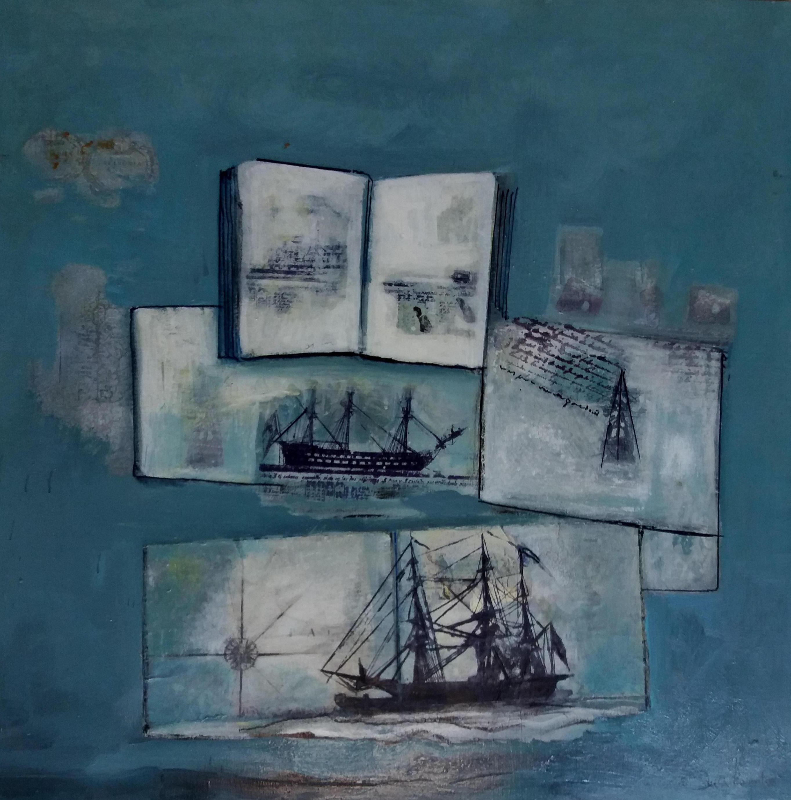 Raventos  Blue   Boat  original expressionist acrylic painting - Painting by Maria Asuncion Raventos