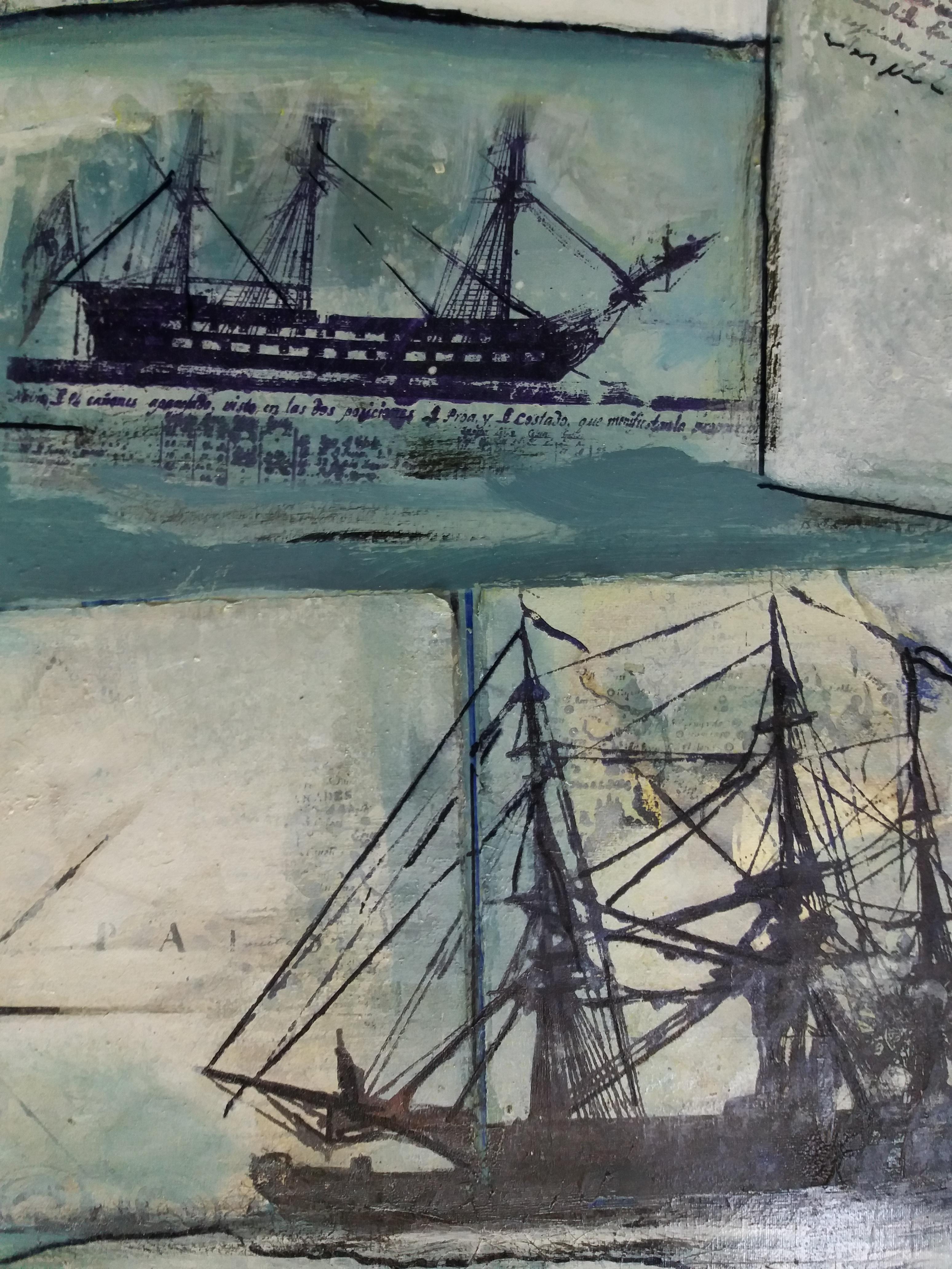 Raventos Blue   Boat  original expressionist acrylic painting - Gray Abstract Painting by Maria Asuncion Raventos