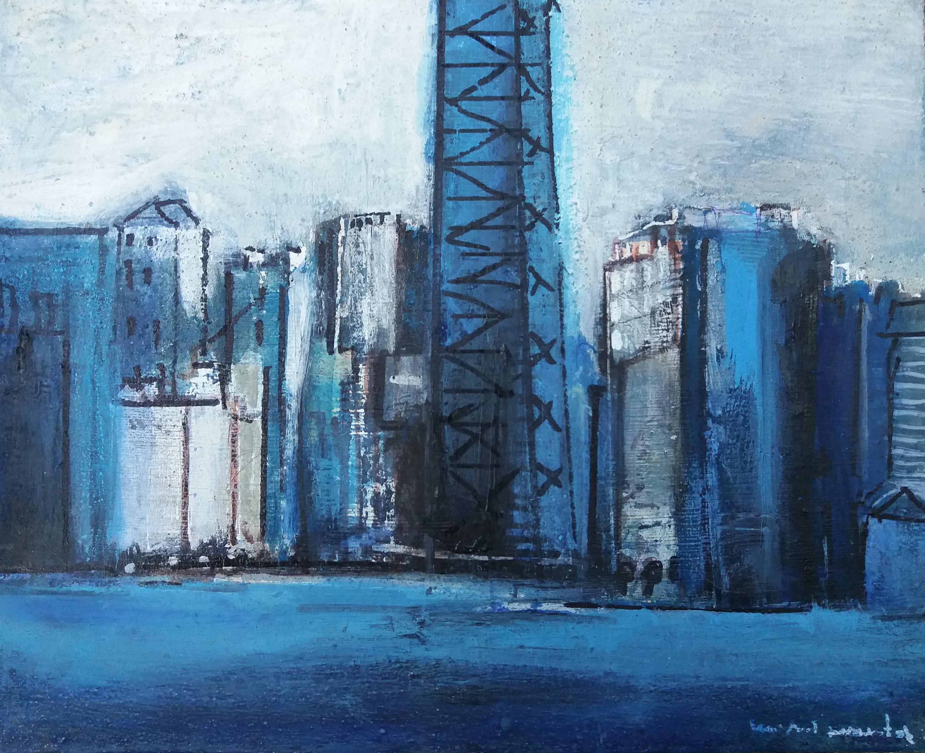 Raventos Blue City Litle  original expressionist acrylic painting - Expressionist Painting by Maria Asuncion Raventos