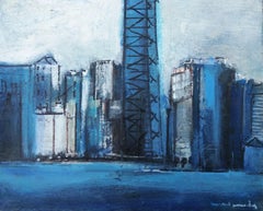 Raventos Blue City Litle  original expressionist acrylic painting