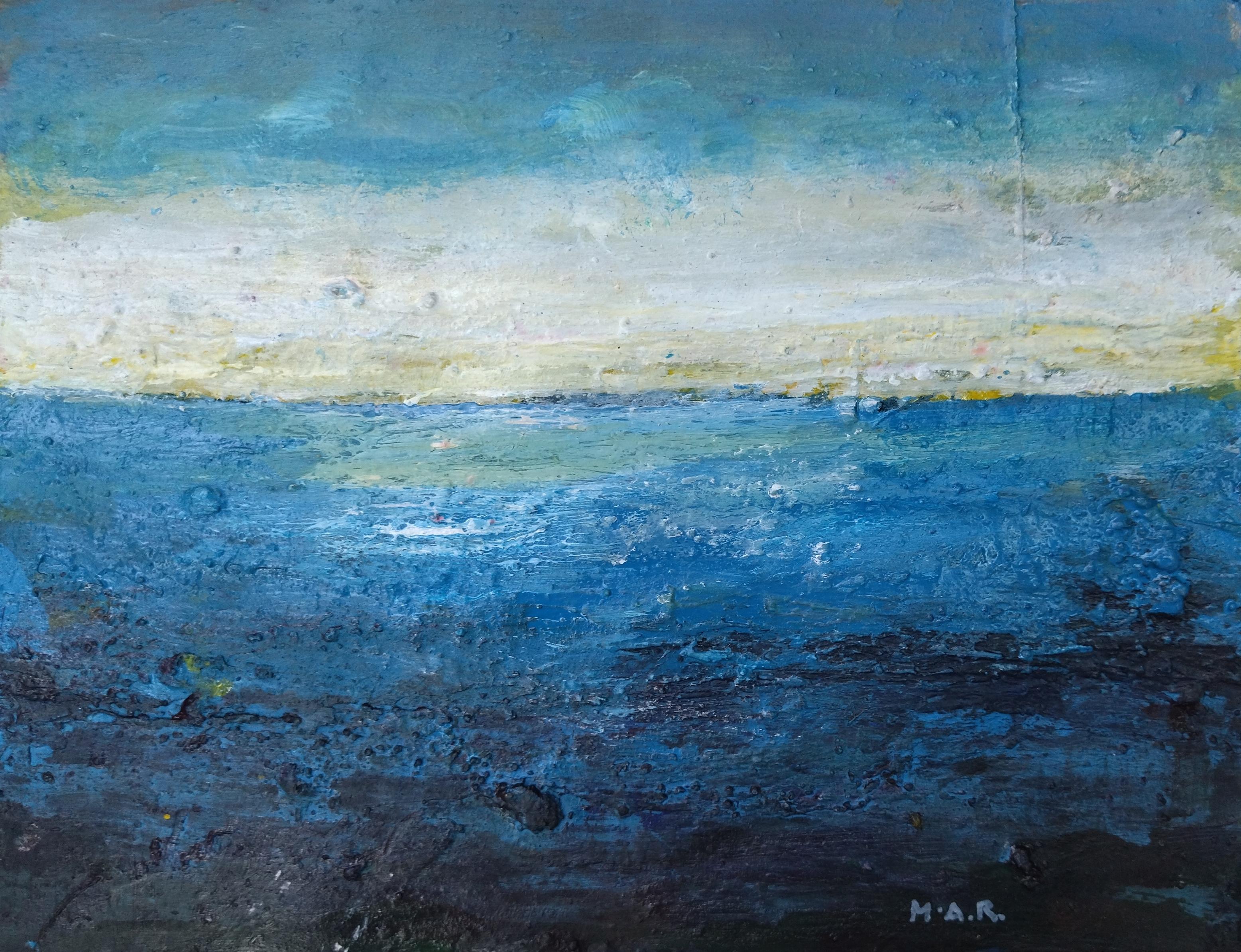 Raventos  Blue Navy Sunrise  original abstract mixed media  - Painting by Maria Asuncion Raventos