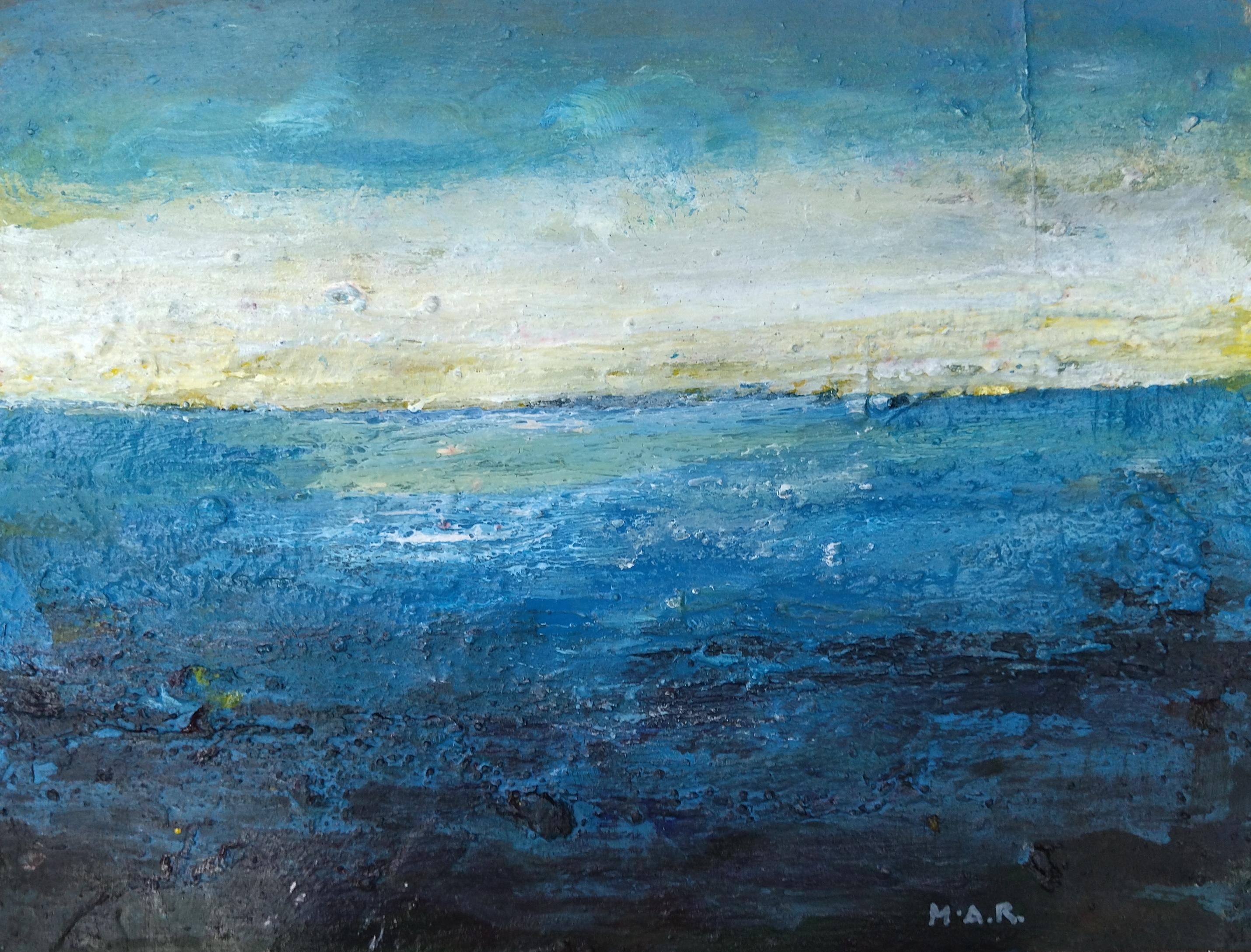 Raventos  Azul Marino Amanecer  original abstracto técnica mixta en venta 2
