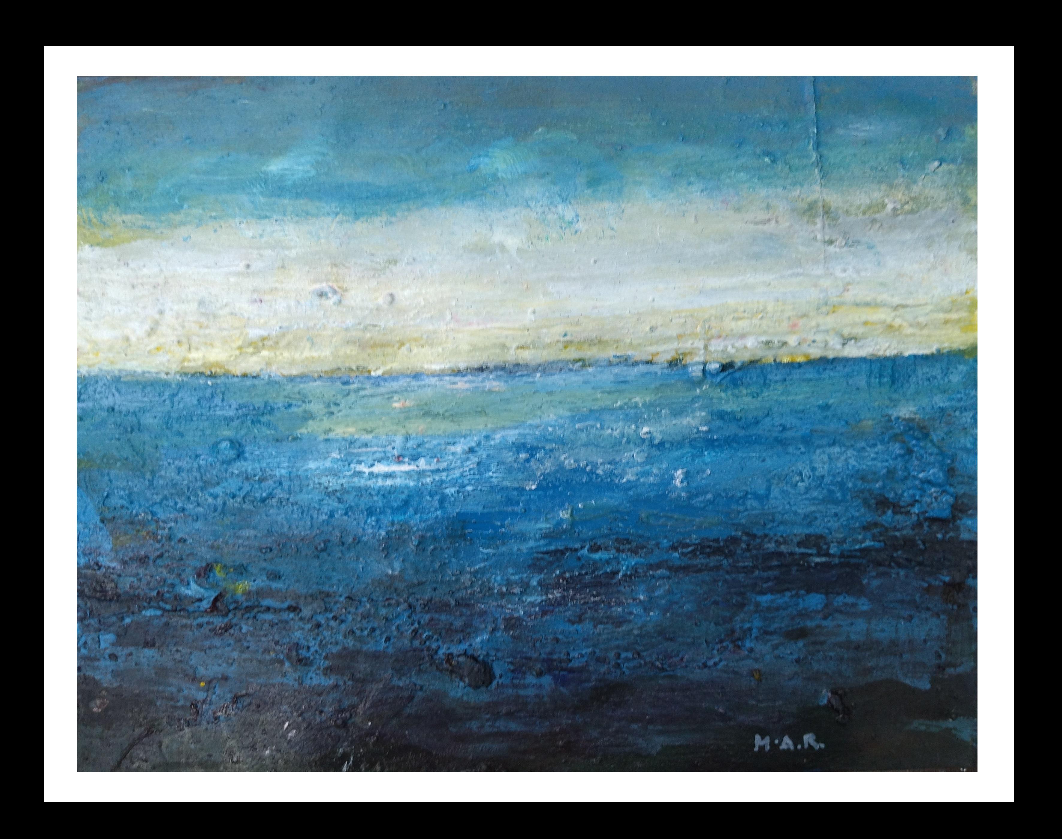 Maria Asuncion Raventos Landscape Painting - Raventos  Blue Navy Sunrise  original abstract mixed media 