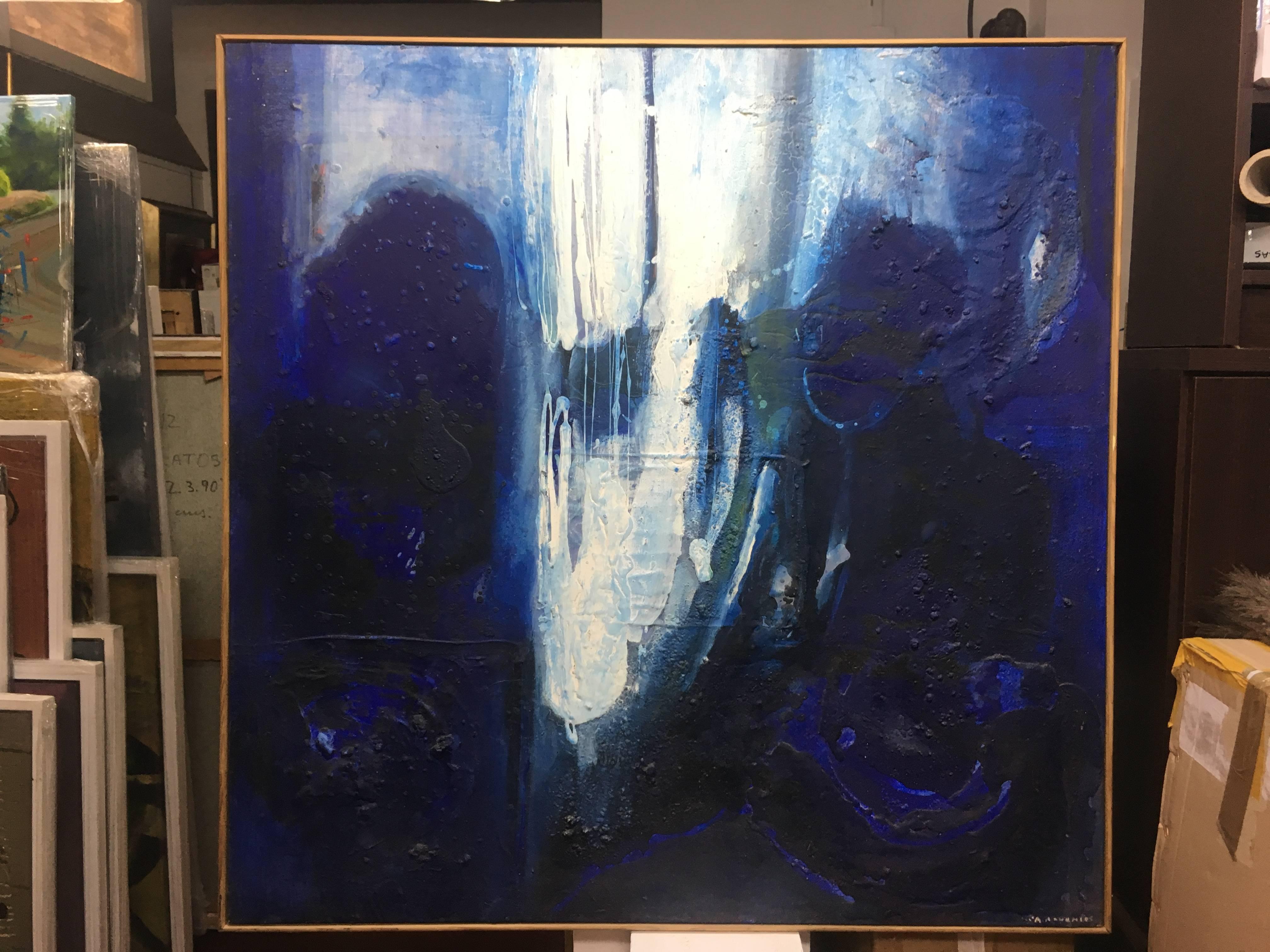 RAVENTOS  Blue Sea  original abstract mixed media painting - Abstract Painting by Maria Asuncion Raventos
