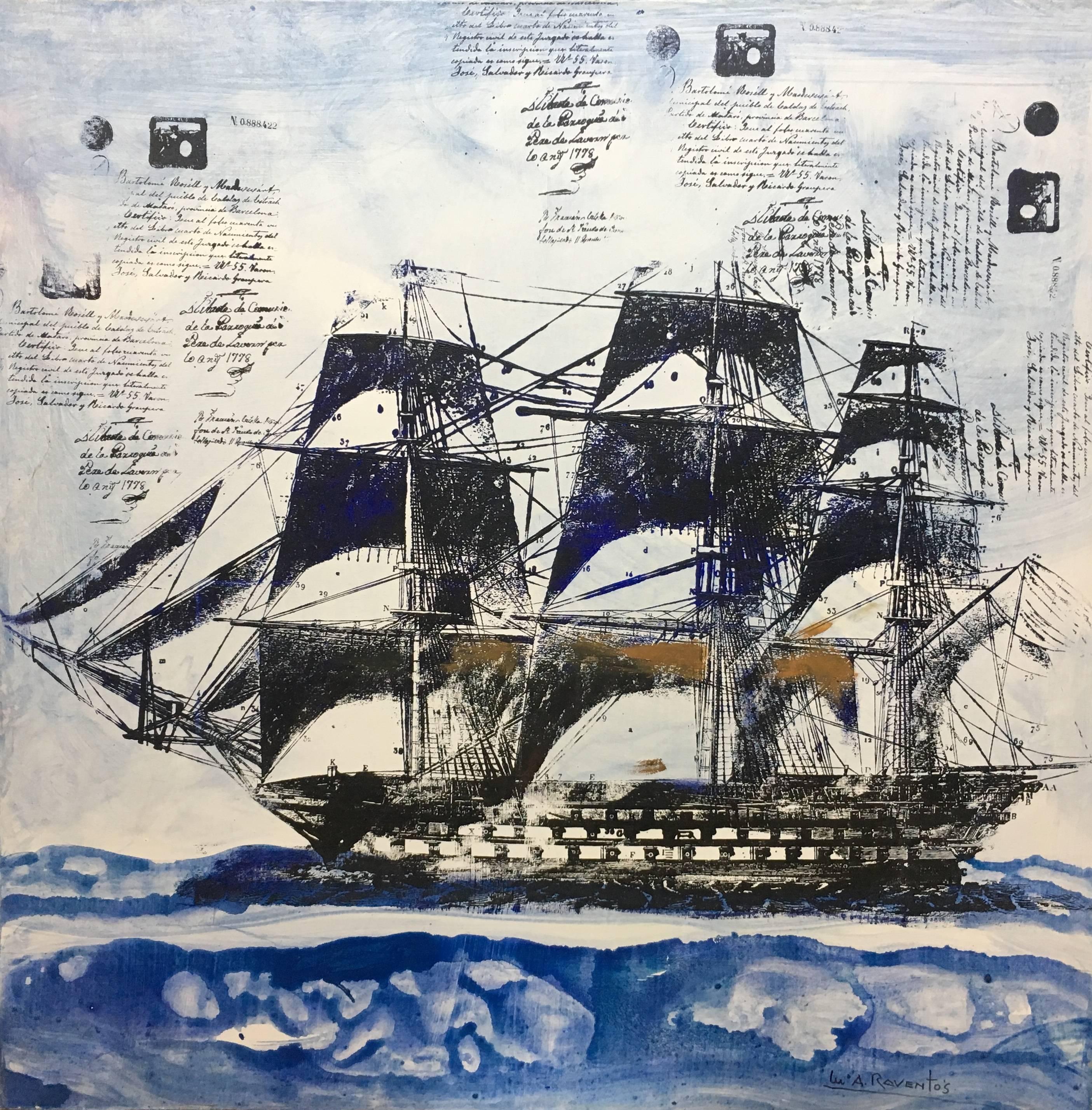 Raventos  Boat Marina II, original expressionistisches Acrylgemälde – Painting von Maria Asuncion Raventos