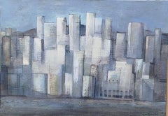 Raventos Buildings City Blue Painting, Expressionist, Acrylic, Framed