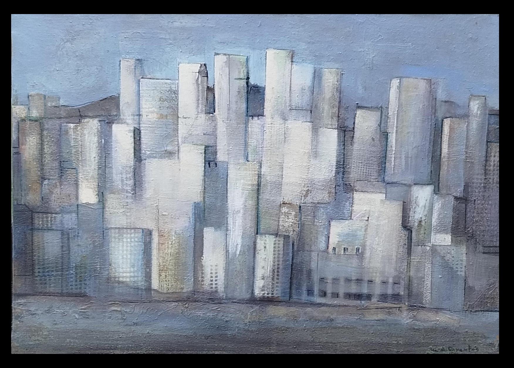 Maria Asuncion Raventos Landscape Painting - Raventos Buildings City Blue Painting, Expressionist, Acrylic, Framed