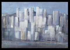 Raventos Buildings City Blue Painting, Expressionist, Acrylic, Framed