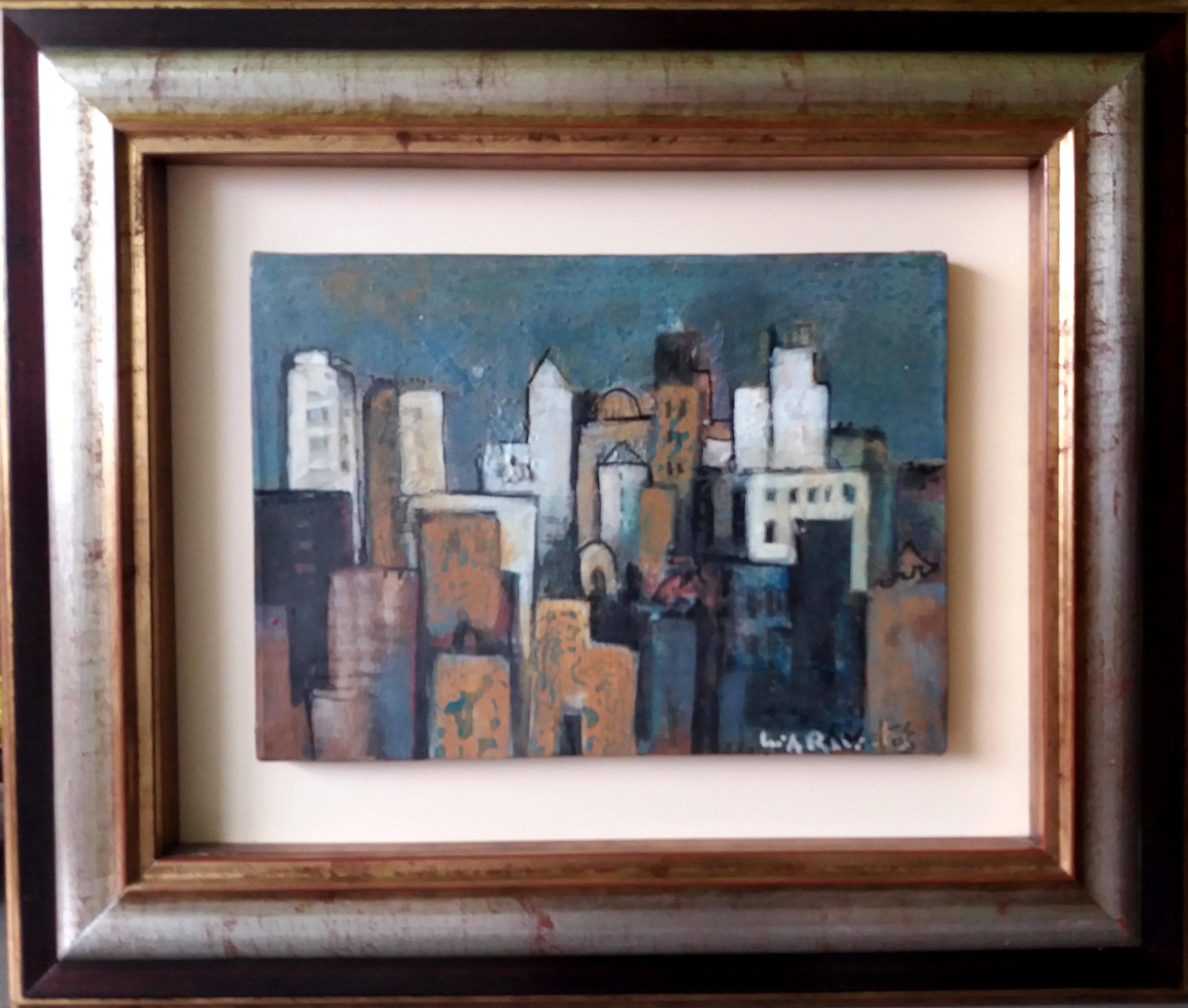 Landscape Painting di Maria Asuncion Raventos - Raventos   Edifici  City Litle pittura acrilica espressionista originale