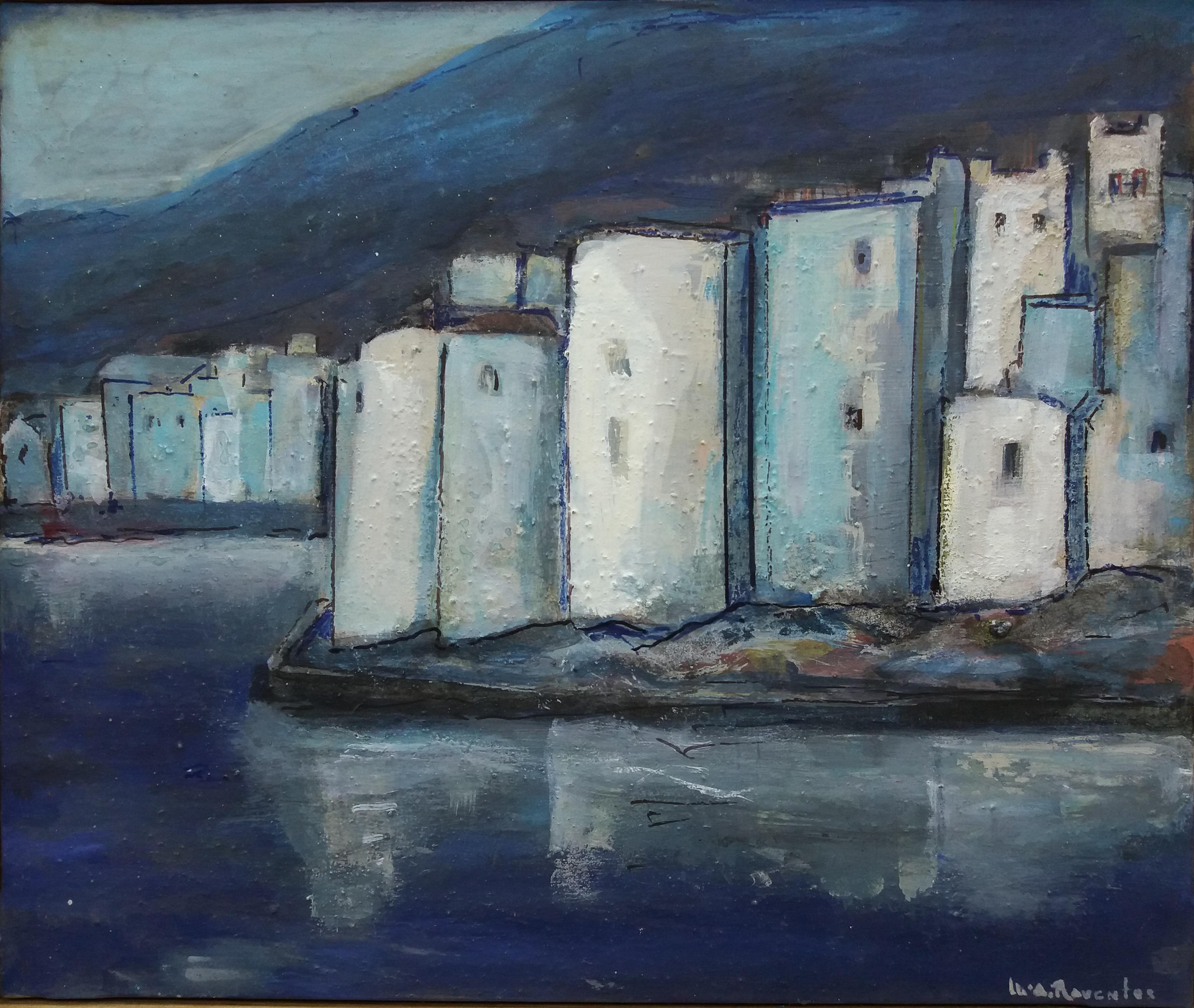 Raventos Cadaques Bleu peinture acrylique expressionniste originale - Painting de Maria Asuncion Raventos