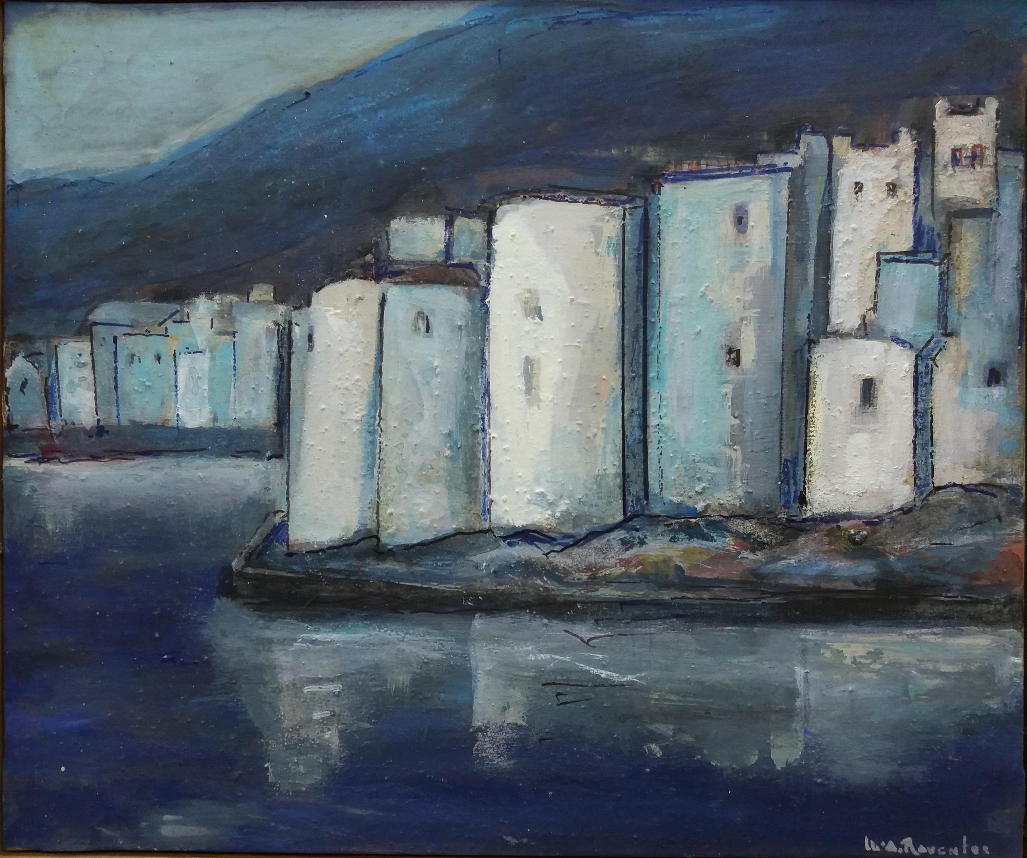 Raventos Cadaques Bleu peinture acrylique expressionniste originale - Expressionniste Painting par Maria Asuncion Raventos
