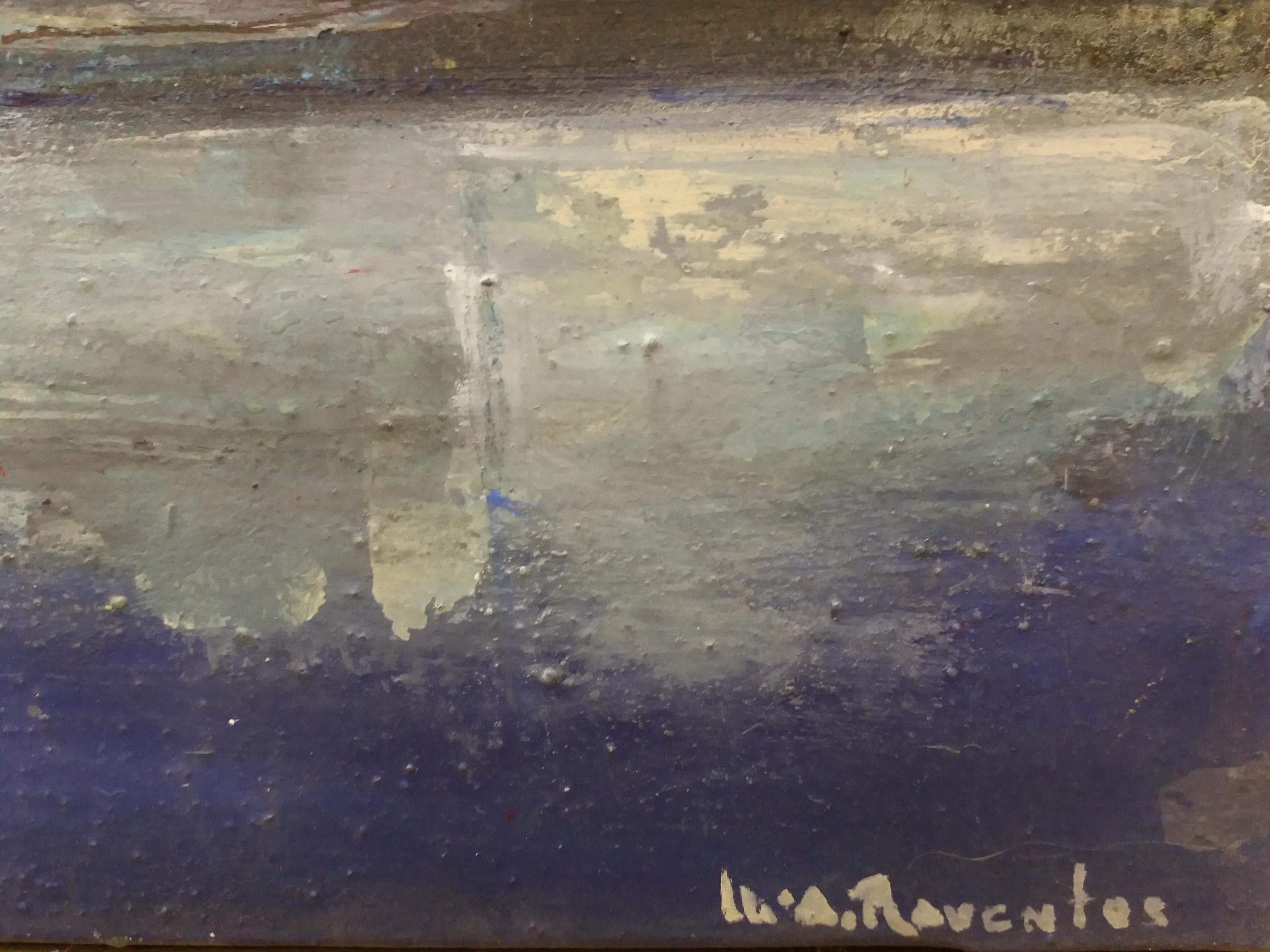 Raventos Cadaques Bleu peinture acrylique expressionniste originale - Noir Landscape Painting par Maria Asuncion Raventos