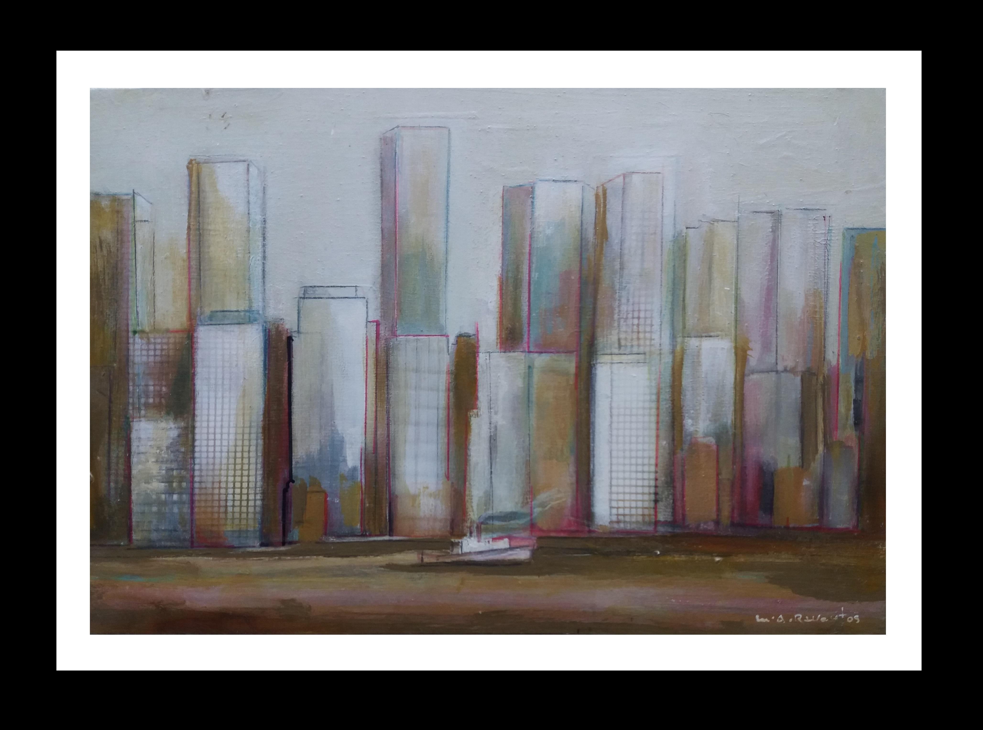 Raventos   Citty original expressionist acrylic painting