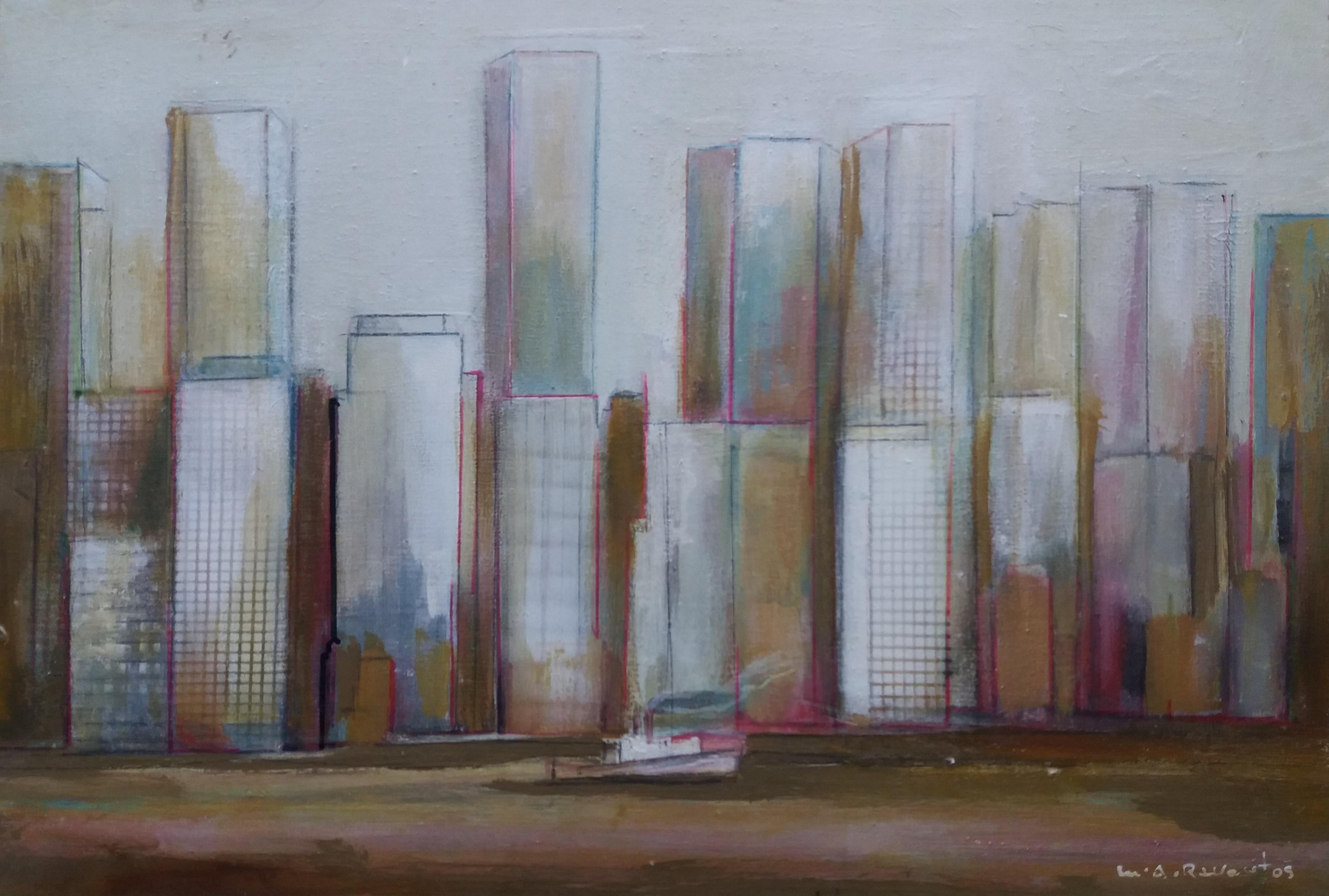 Maria Asuncion Raventos Landscape Painting - Raventos  Citty original expressionist acrylic painting