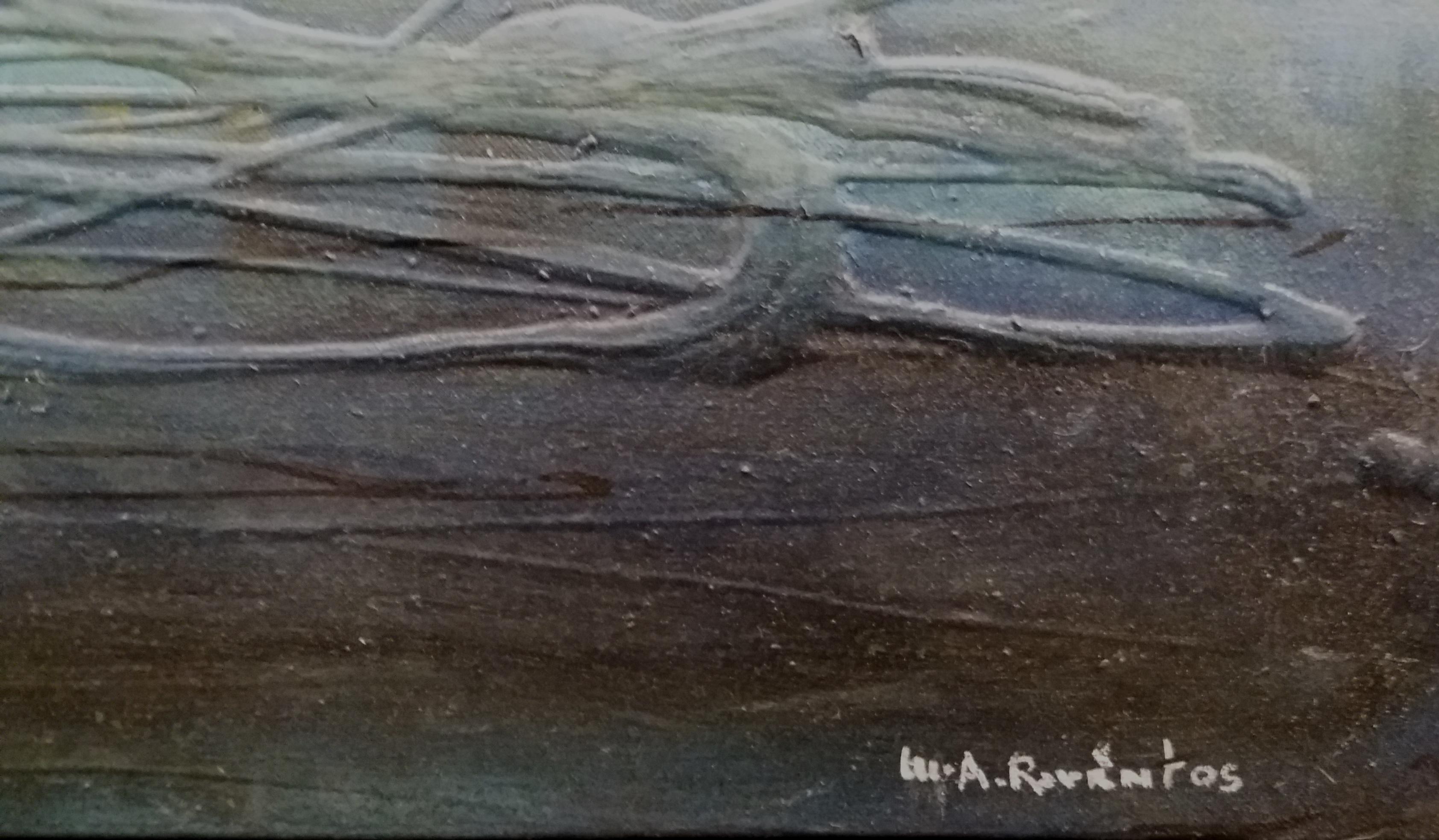 Raventos Dunkelblau   original expressionistisches Acryl (Schwarz), Landscape Painting, von Maria Asuncion Raventos