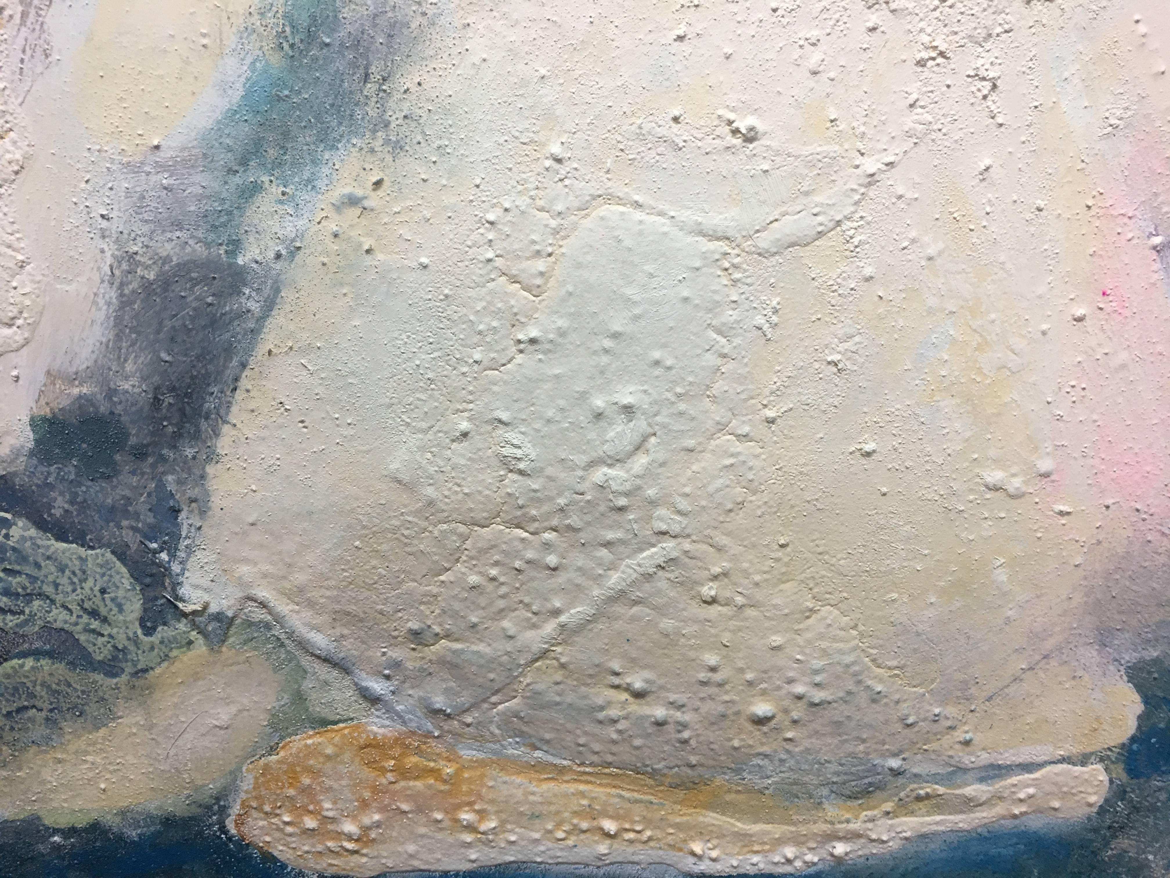 RAVENTOS  Alba astratta Quadro astratto a tecnica mista originale in bianco e blu - Abstract Painting Grigio di Maria Asuncion Raventos