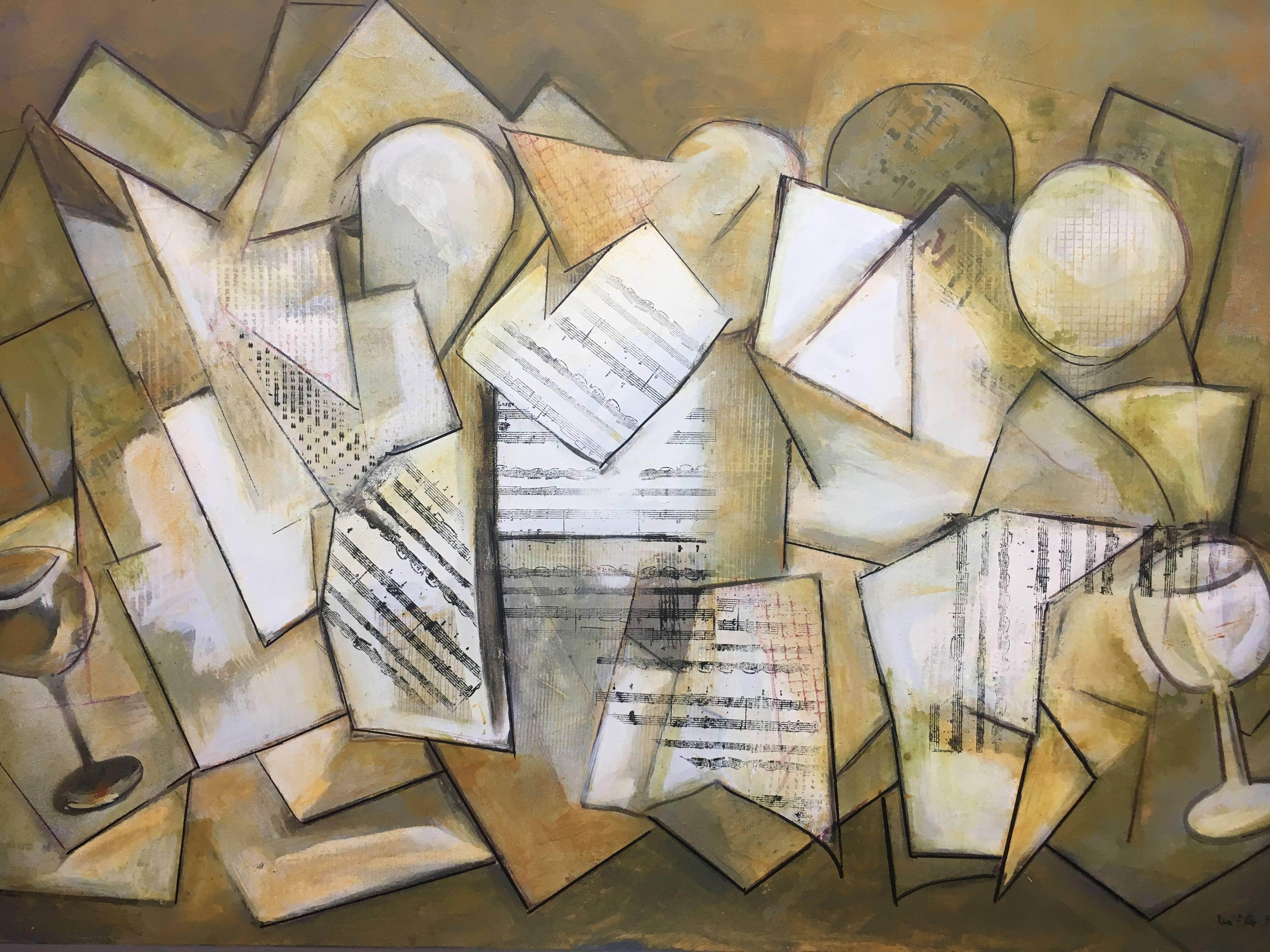 Raventos   Geometric Figures Golden Browns  White - Expressionist Painting by Maria Asuncion Raventos