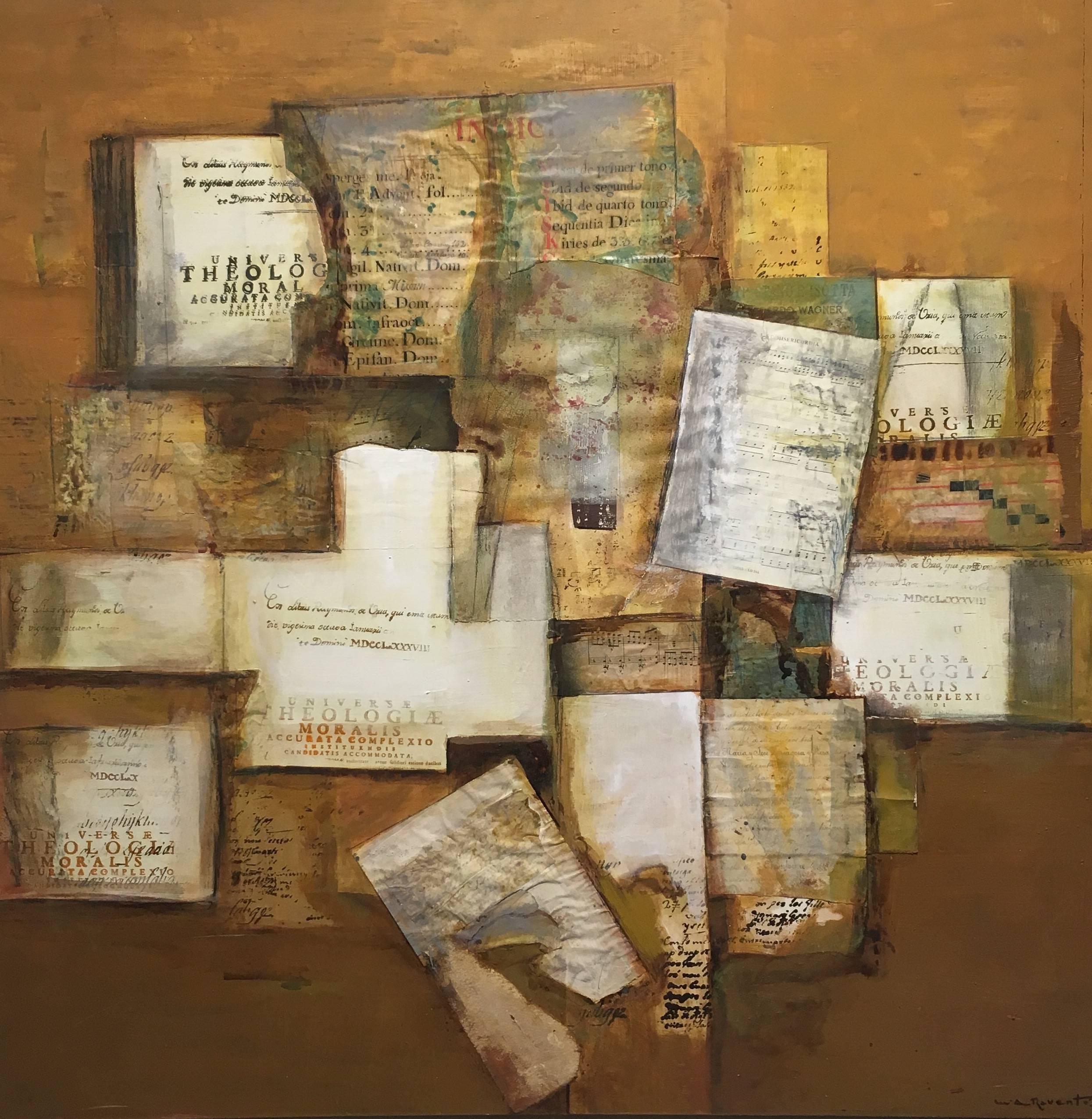 Raventos  Goldene   Bigli  quadratisch   Original expressionistisches Leinwand-Acryl (Abstrakt), Painting, von Maria Asuncion Raventos