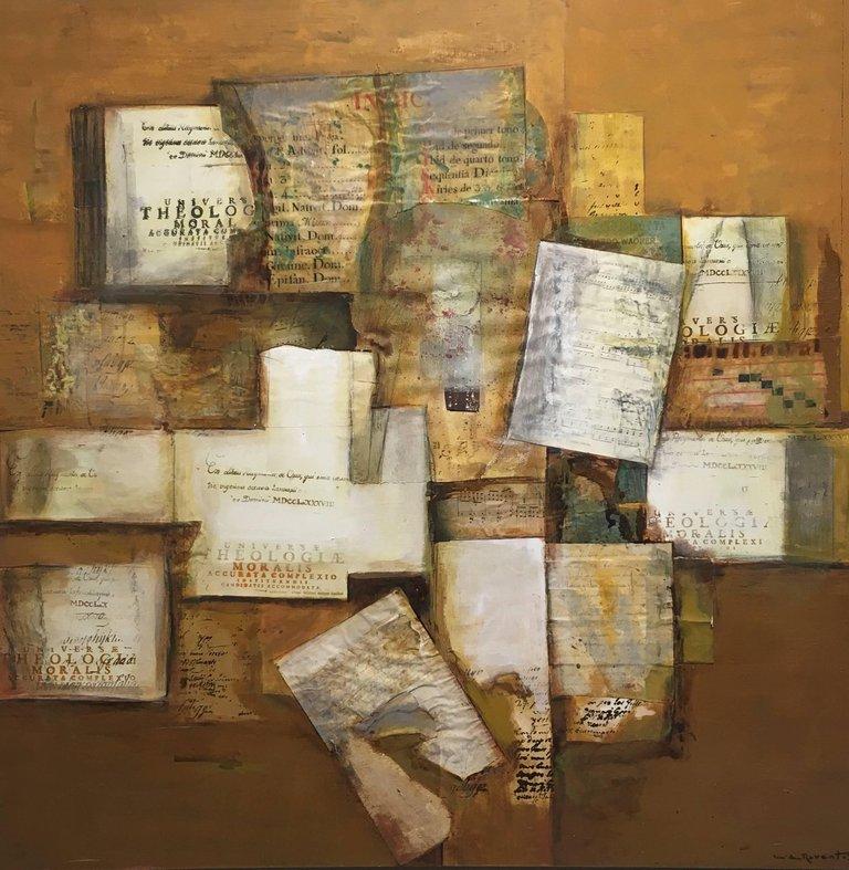 Raventos  Goldene   Bigli  quadratisch   Original expressionistisches Leinwand-Acryl im Angebot 2