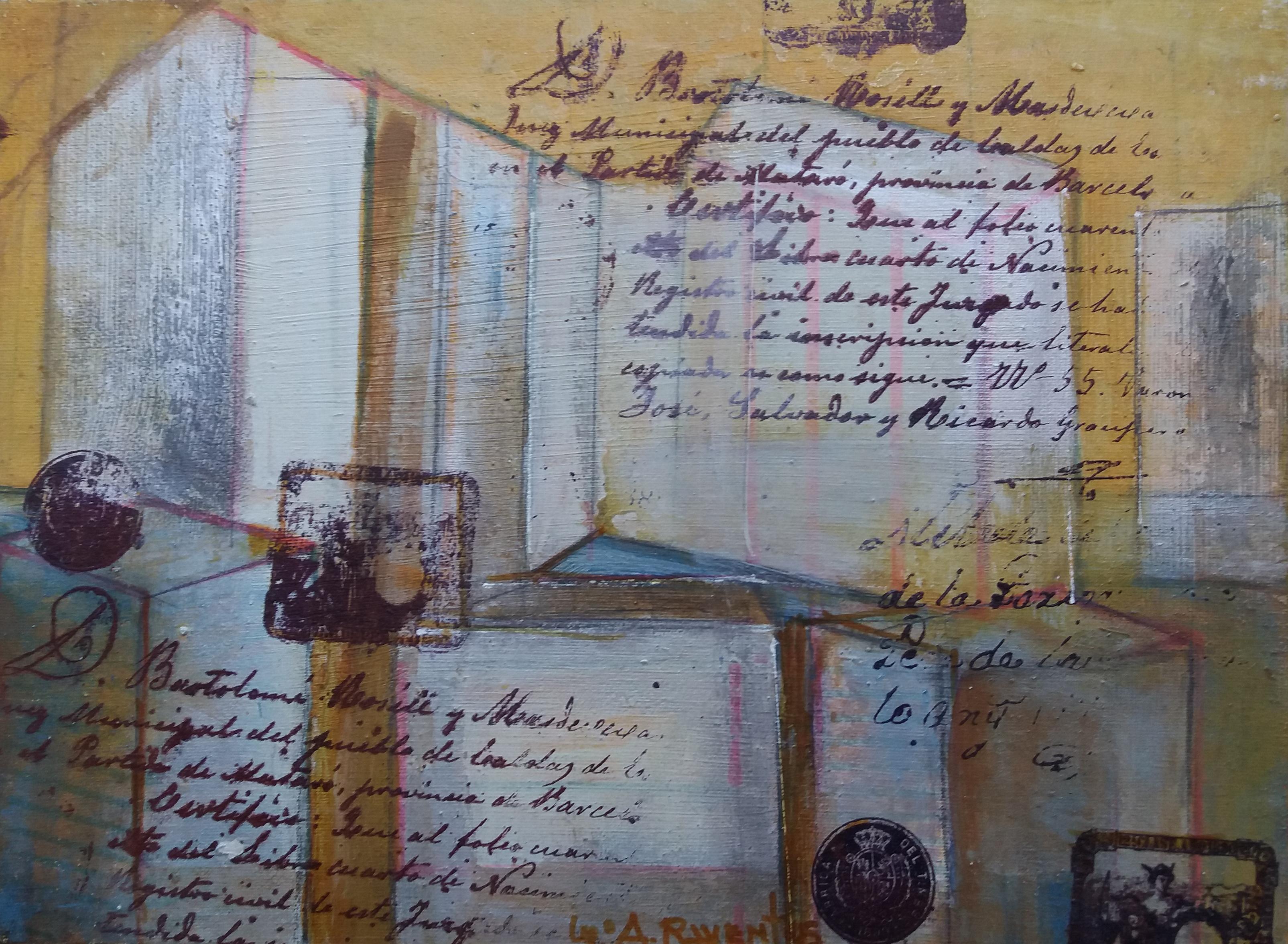 Raventos  Dorado  Amarillo  abstracto  Pequeño. original expresionista técnica mixta - Painting de Maria Asuncion Raventos