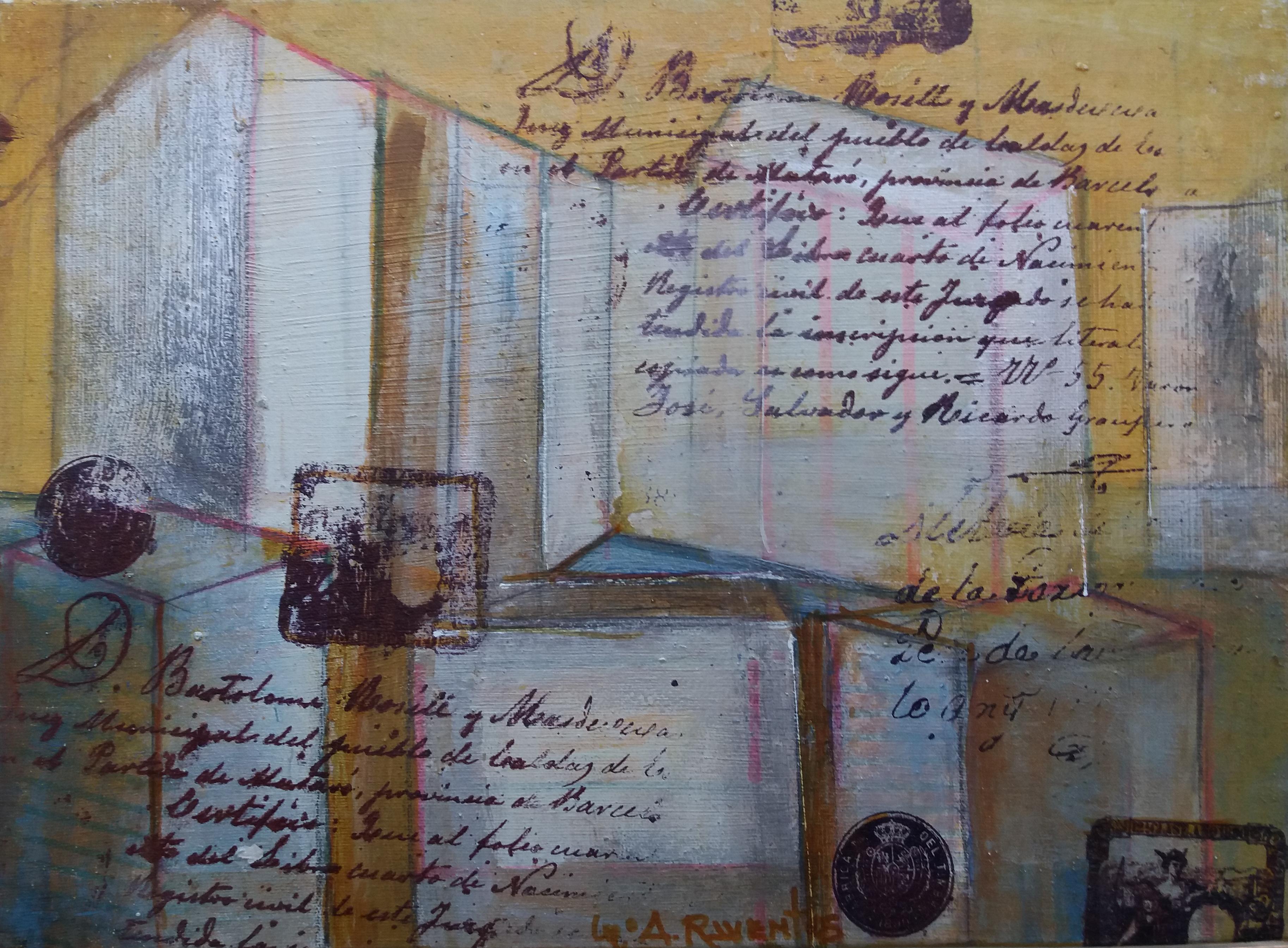 Raventos  Dorado  Amarillo  abstracto  Pequeño. original expresionista técnica mixta - Painting Expresionismo abstracto de Maria Asuncion Raventos