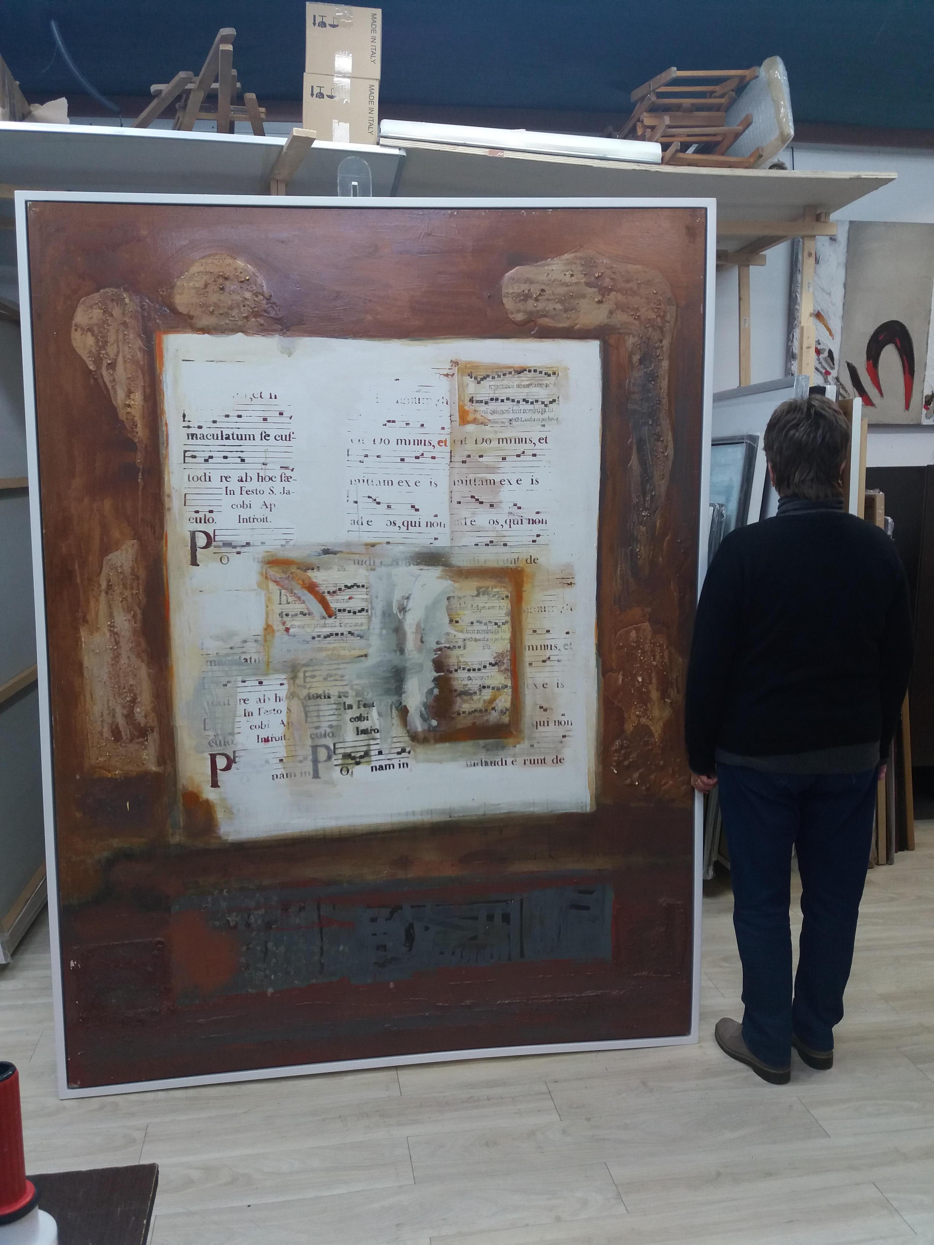 RAVENTOS  Ocher Big Cantic del temple  original abstract mixed media painting - Brown Abstract Painting by Maria Asuncion Raventos