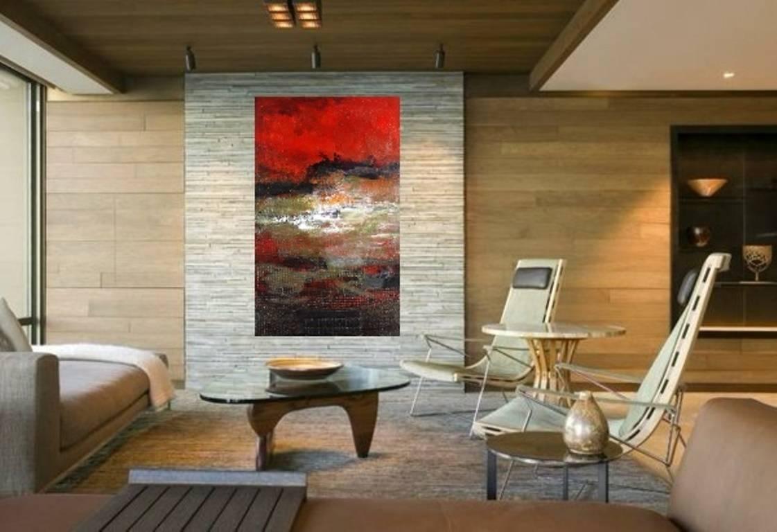 Raventos   Red Vertical  agua fuego y sol” original  mixed media painting - Abstract Painting by Maria Asuncion Raventos