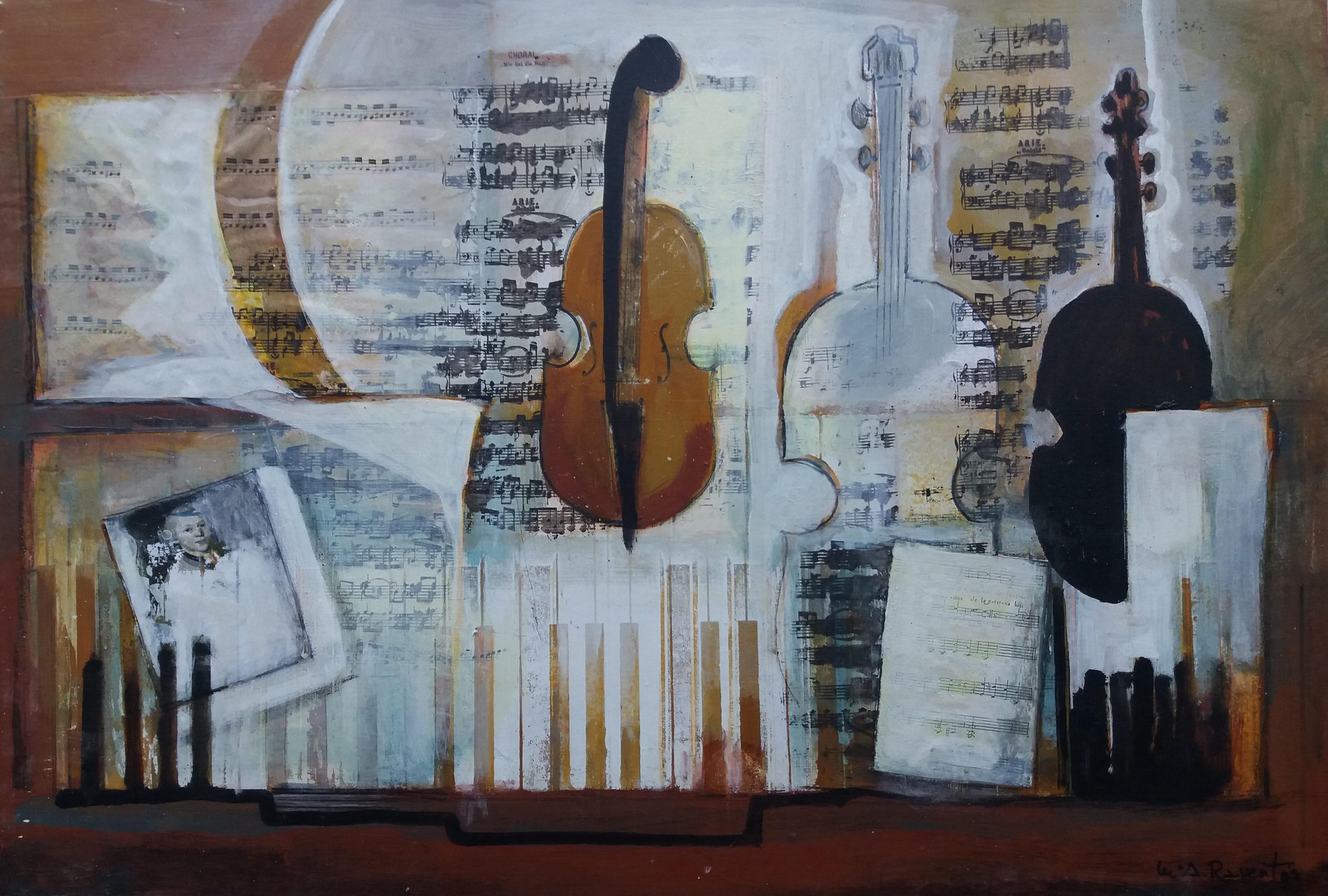 Raventos  MUSICA DI RAGAZZO Violino originale pittura acrilica espressionista - Painting di Maria Asuncion Raventos