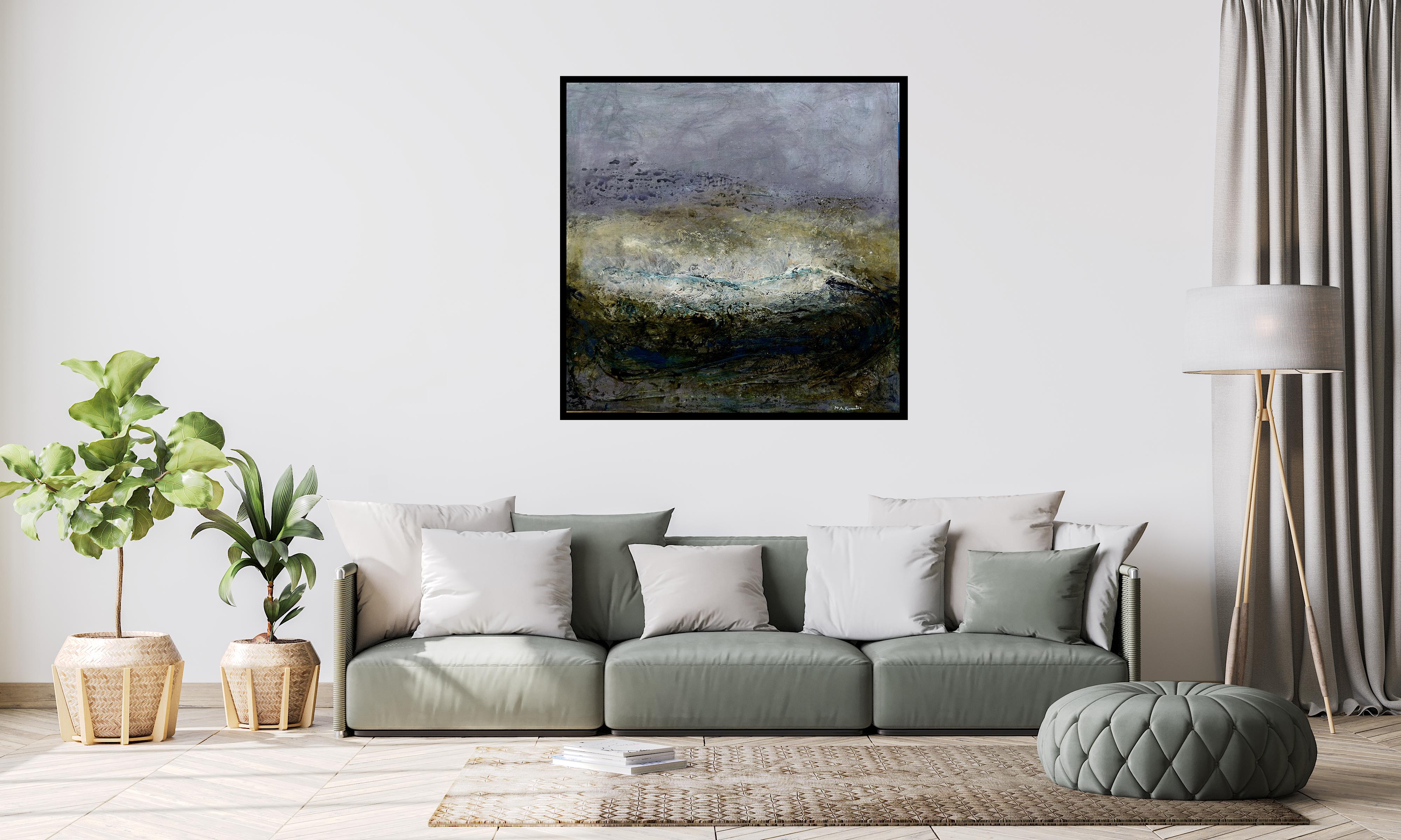 Raventos.  Square. Green PAISAJE  original abstract mixed media painting For Sale 3