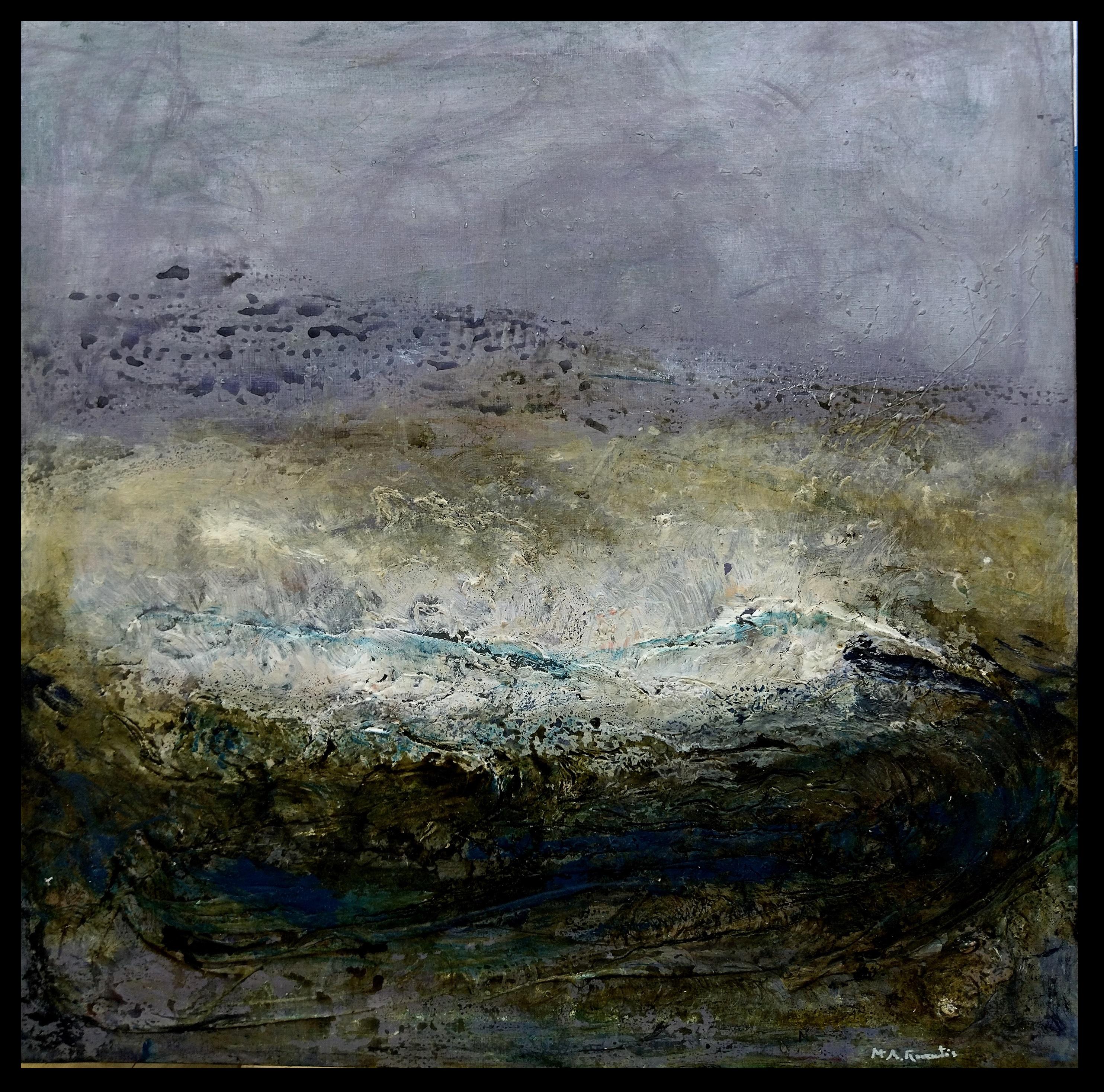 Maria Asuncion Raventos Abstract Painting - Raventos. Square. Green PAISAJE original abstract mixed media painting