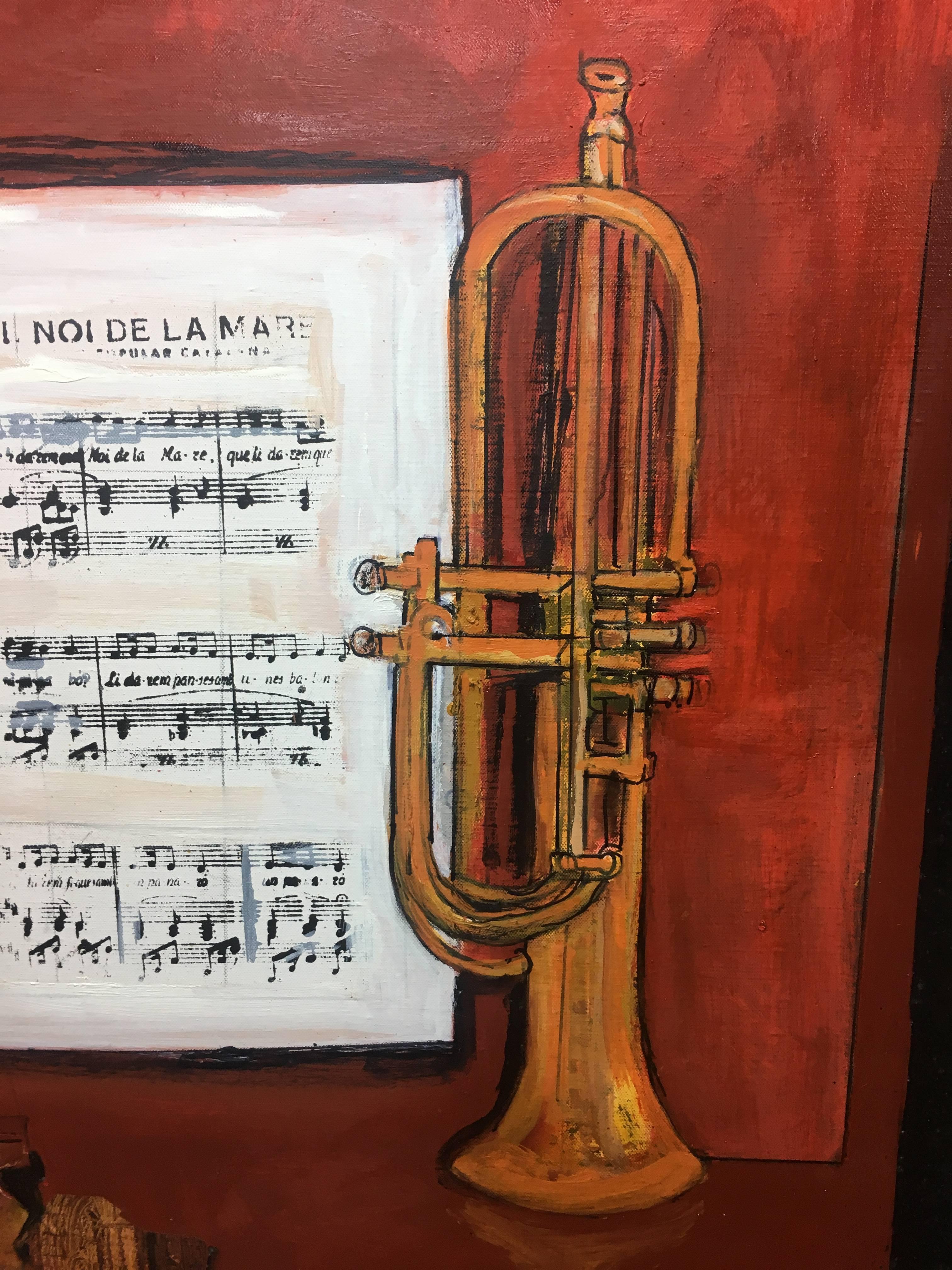 Raventos Trumpet  Violin   Red  Black original expressionist mixed media - Brown Still-Life Painting by Maria Asuncion Raventos
