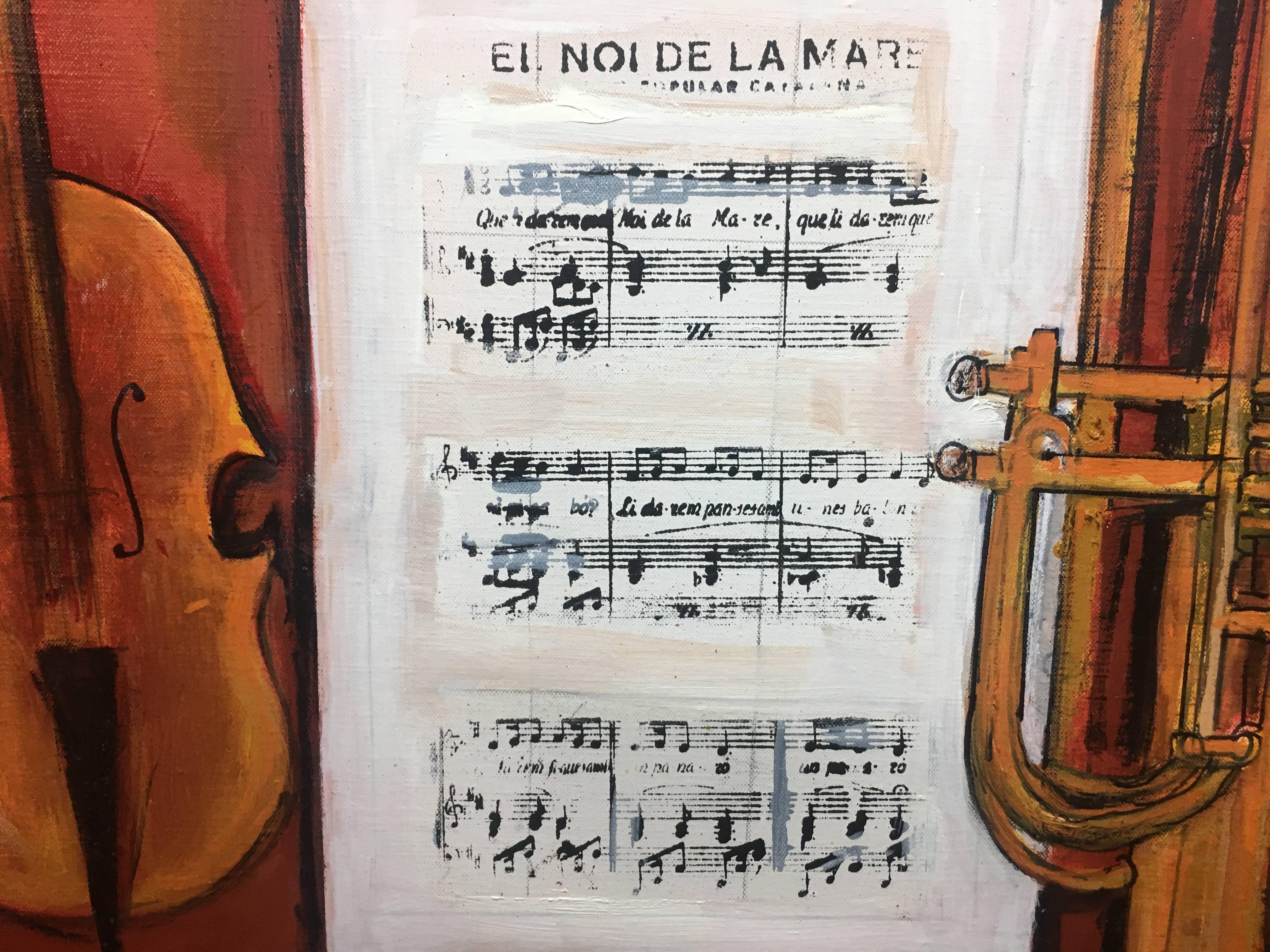 Raventos Trumpet  Violin   Red  Black original expressionist mixed media For Sale 2