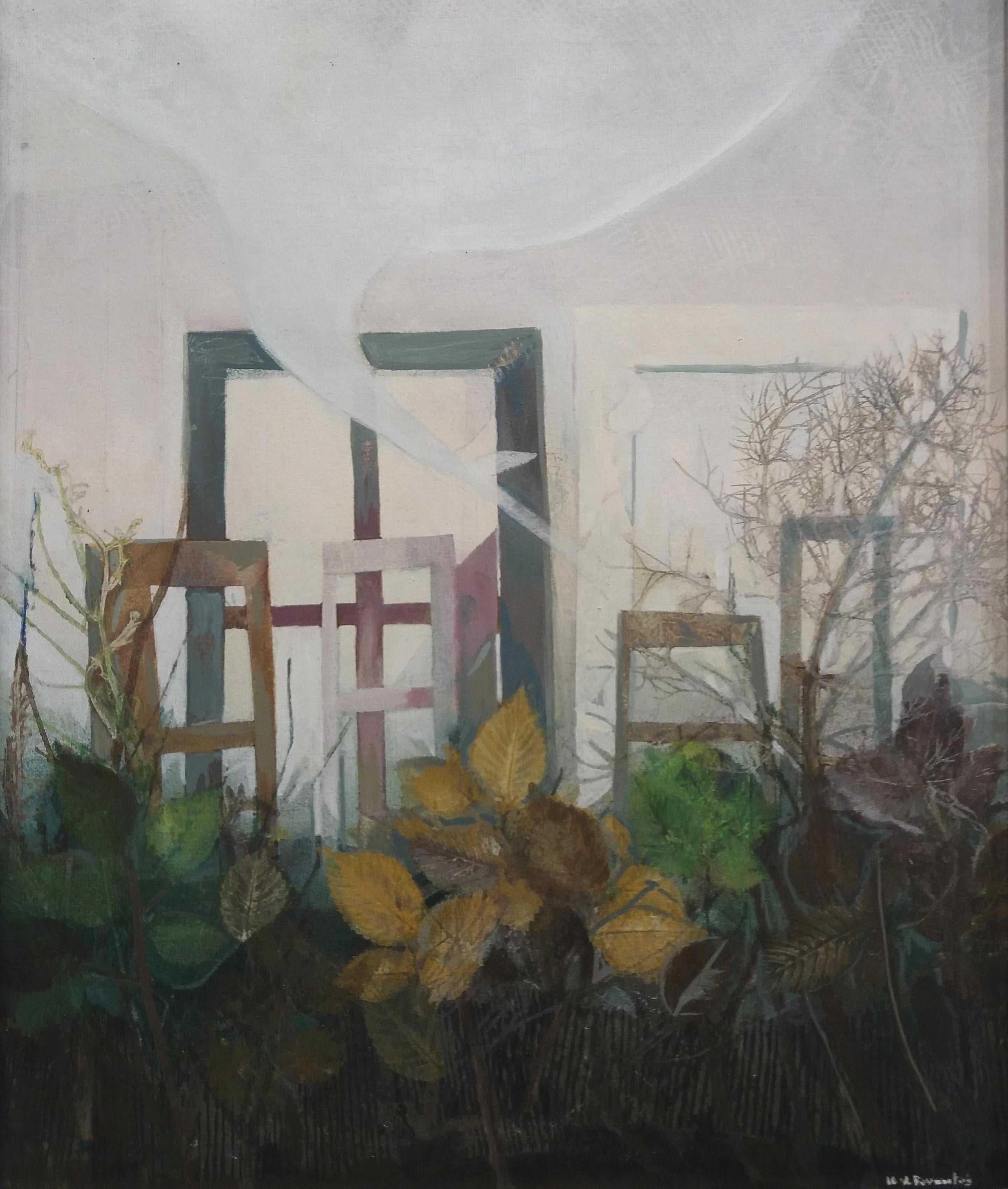 Raventos   Vertical  Green  Window original expressionist acrylic painting - Landscape Painting Negro de Maria Asuncion Raventos