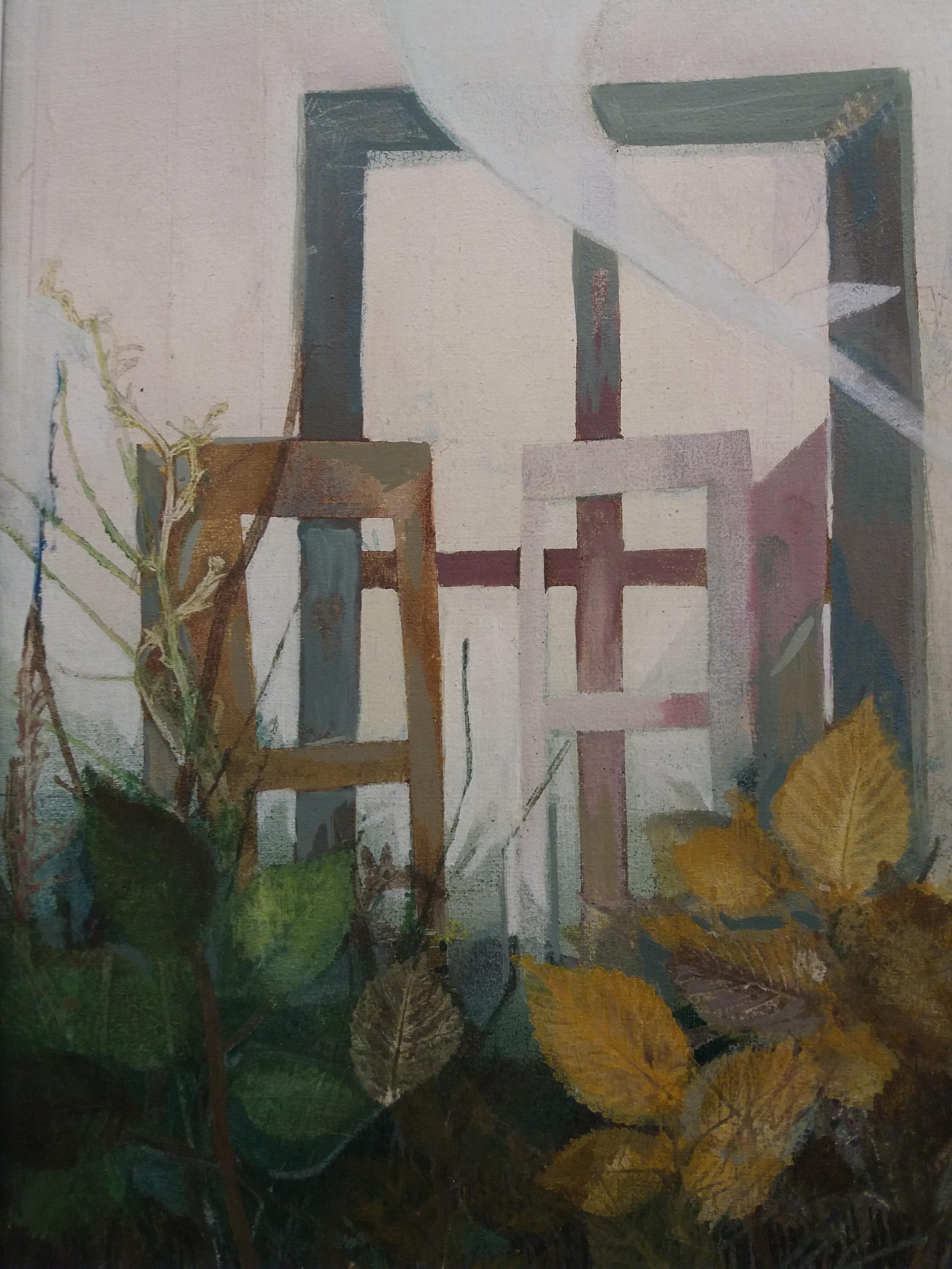 Raventos   Vertical  Green  Window original expressionist acrylic painting en venta 1