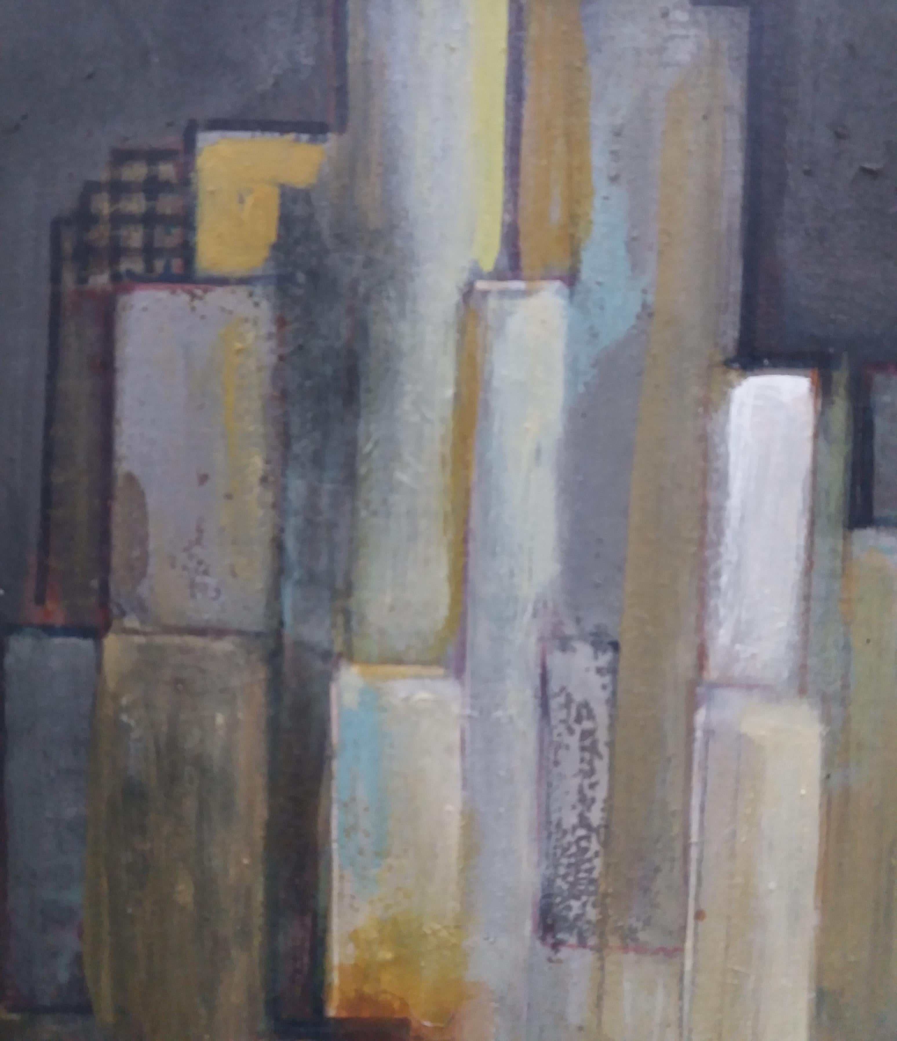 Raventos  Vertical Small City original expressionist acrylic painting - Expressionist Painting by Maria Asuncion Raventos