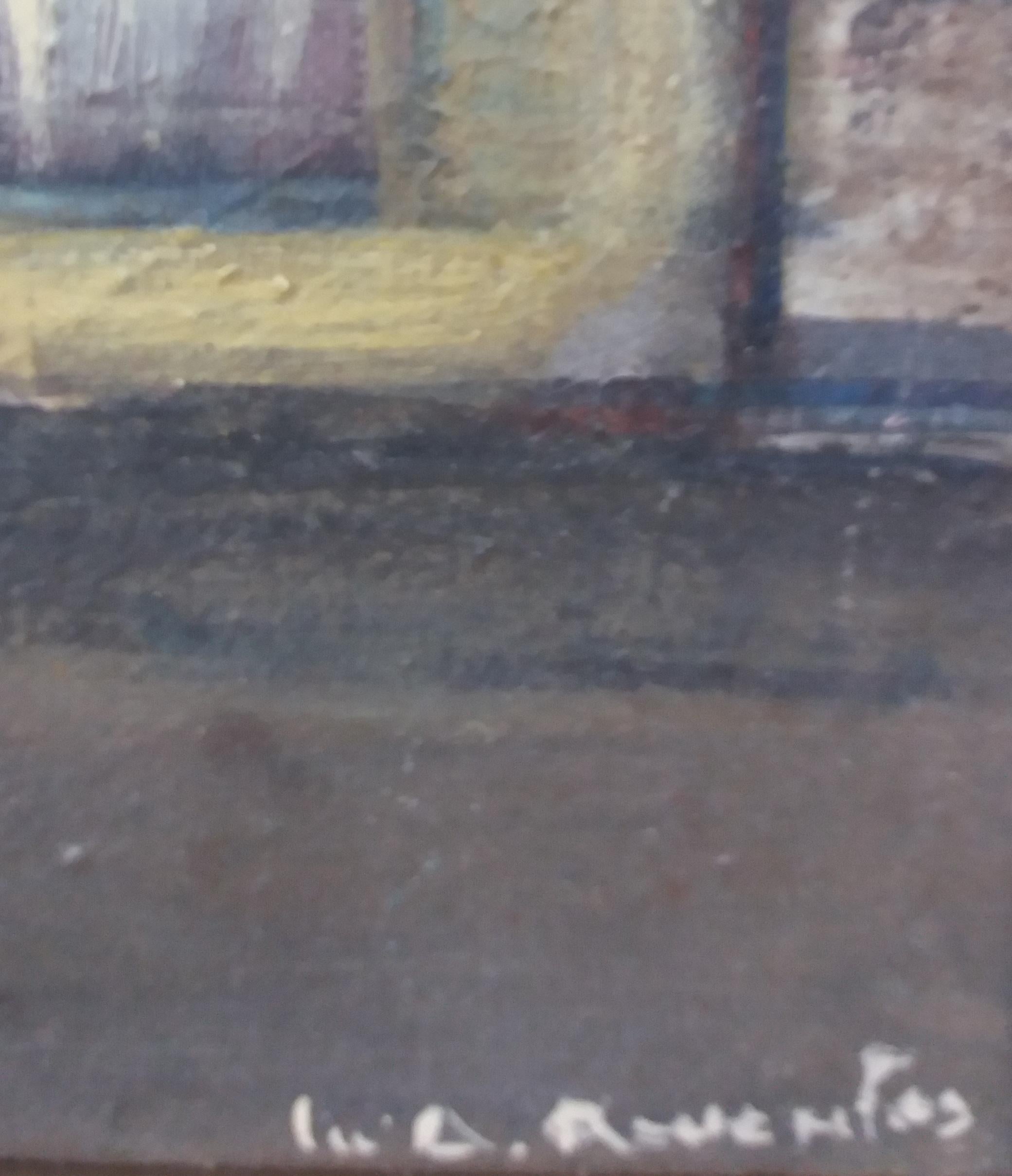 Raventos   Vertical Small City, original expressionistisches Acrylgemälde (Schwarz), Landscape Painting, von Maria Asuncion Raventos