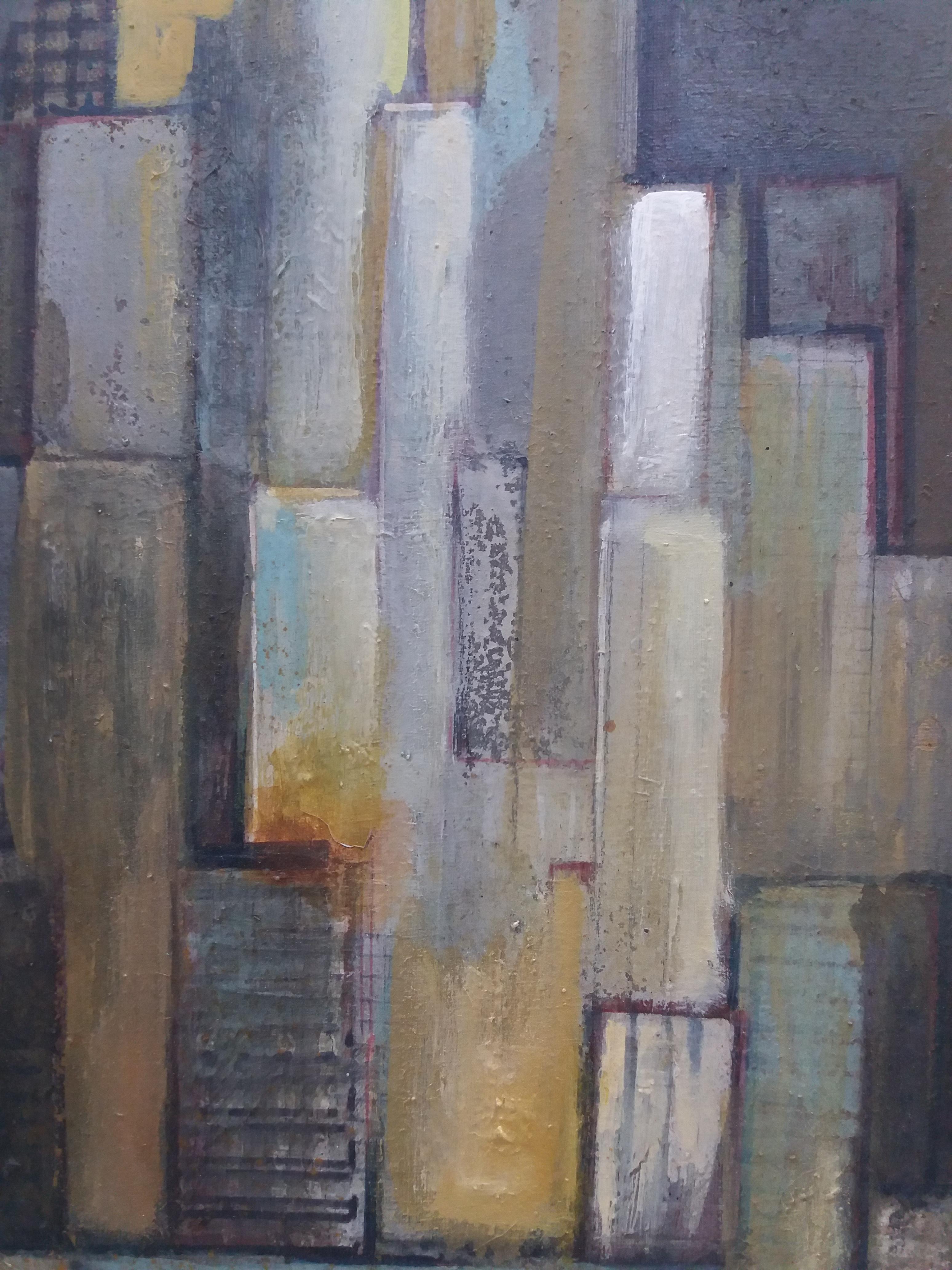 Raventos  Vertical Small City original expressionist acrylic painting For Sale 1