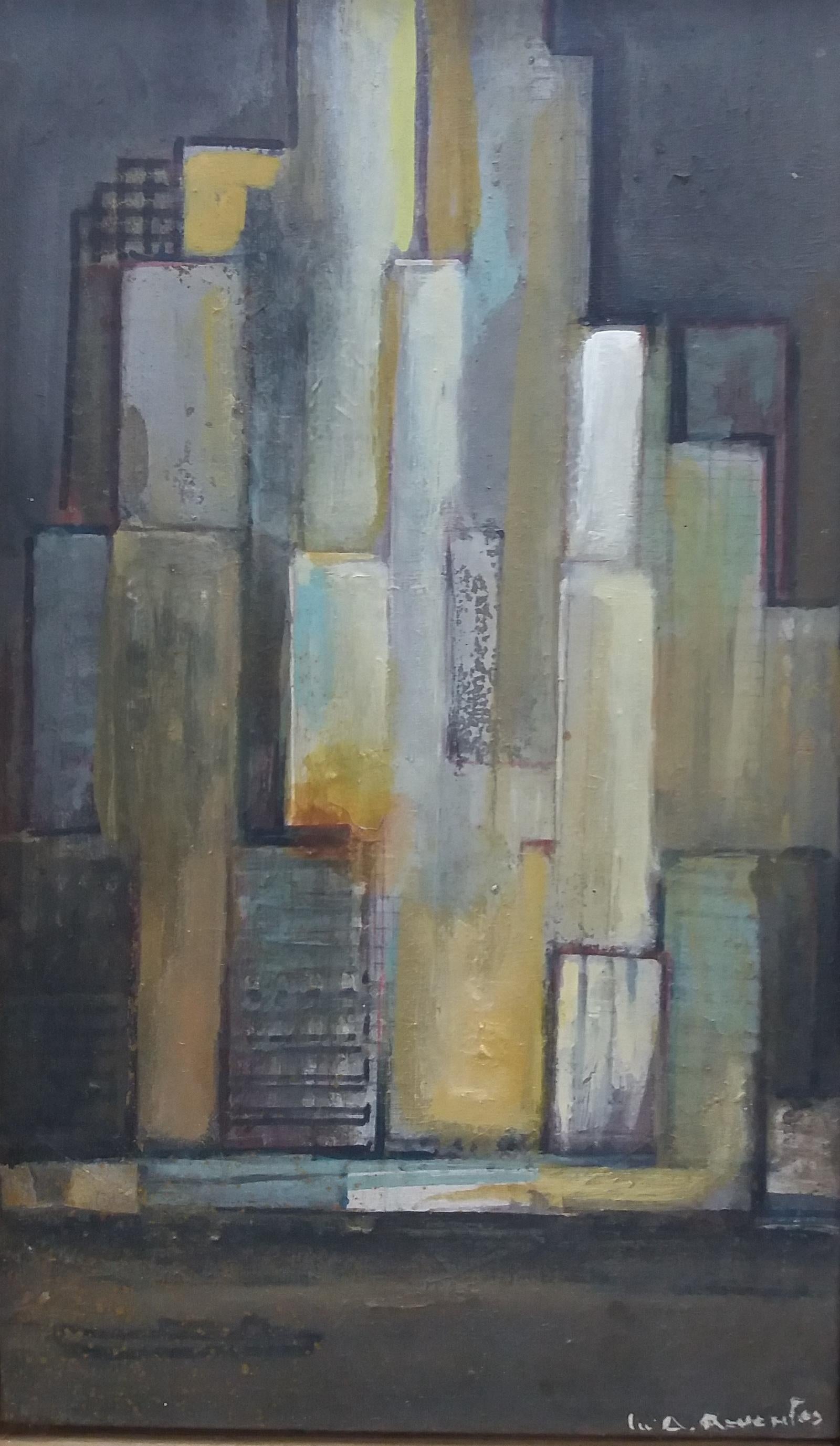 Raventos   Vertical Small City, original expressionistisches Acrylgemälde im Angebot 1
