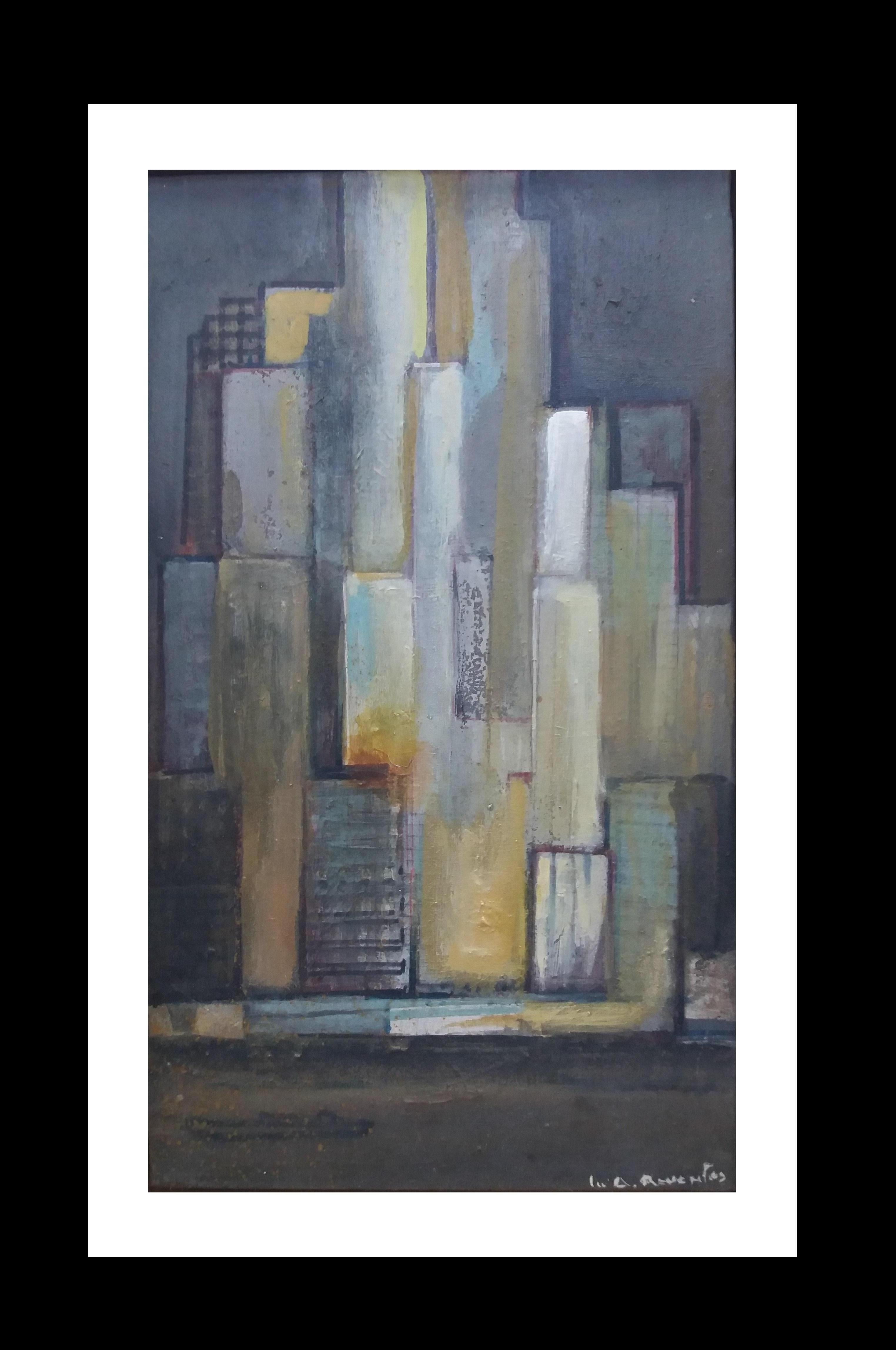 Raventos  Vertical Small City original expressionist acrylic painting