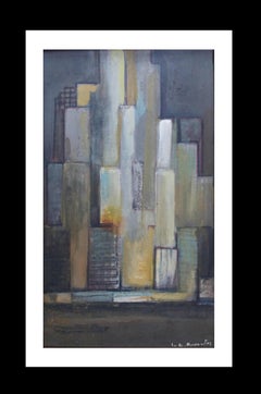 Raventos Vertical Small City, original expressionistisches Acrylgemälde