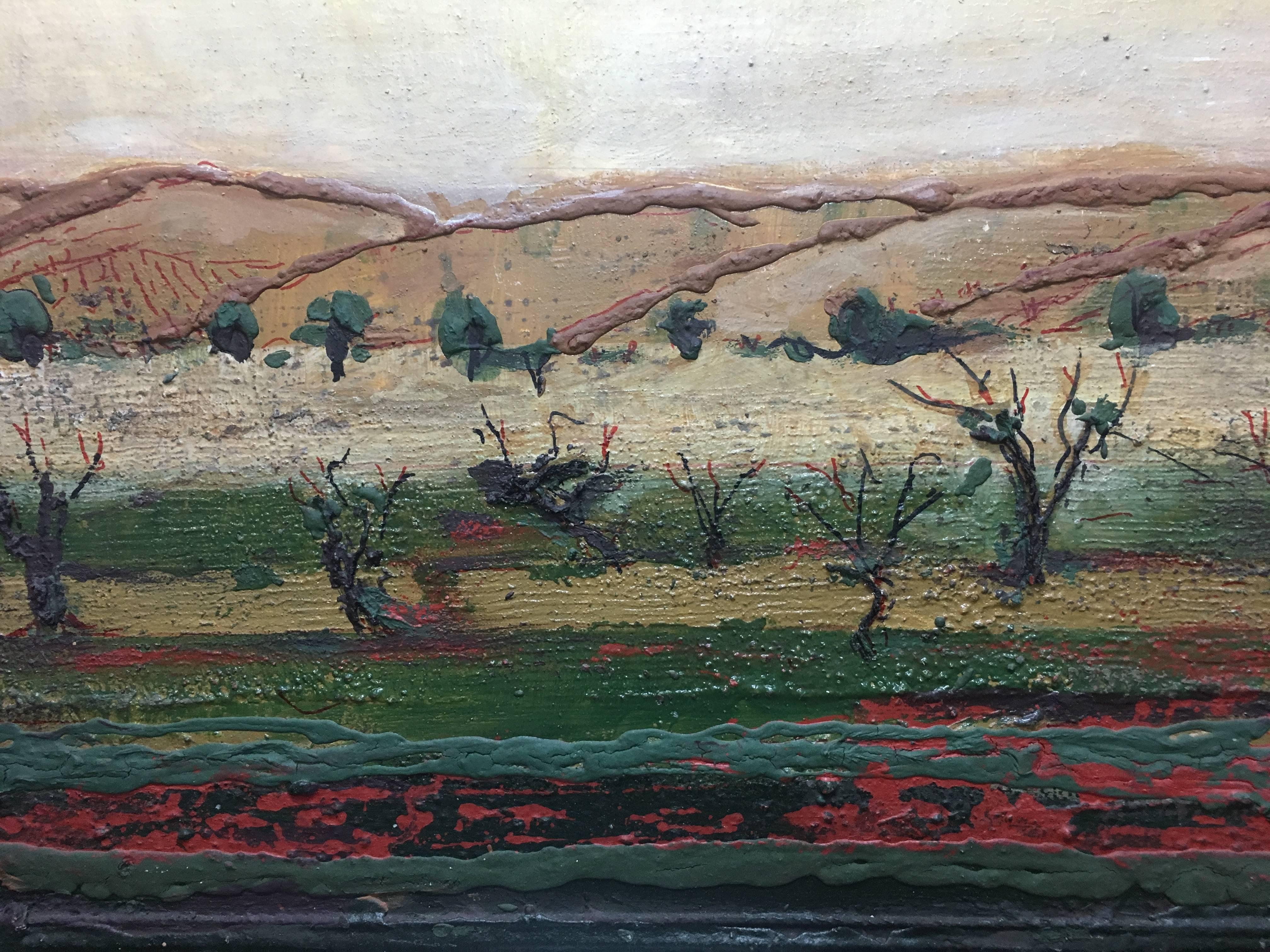 Raventos 25  Venti Viti  Alberi  Quadrato  Tramonto  acrilico espressionista originale - Landscape Painting Nero di Maria Asuncion Raventos